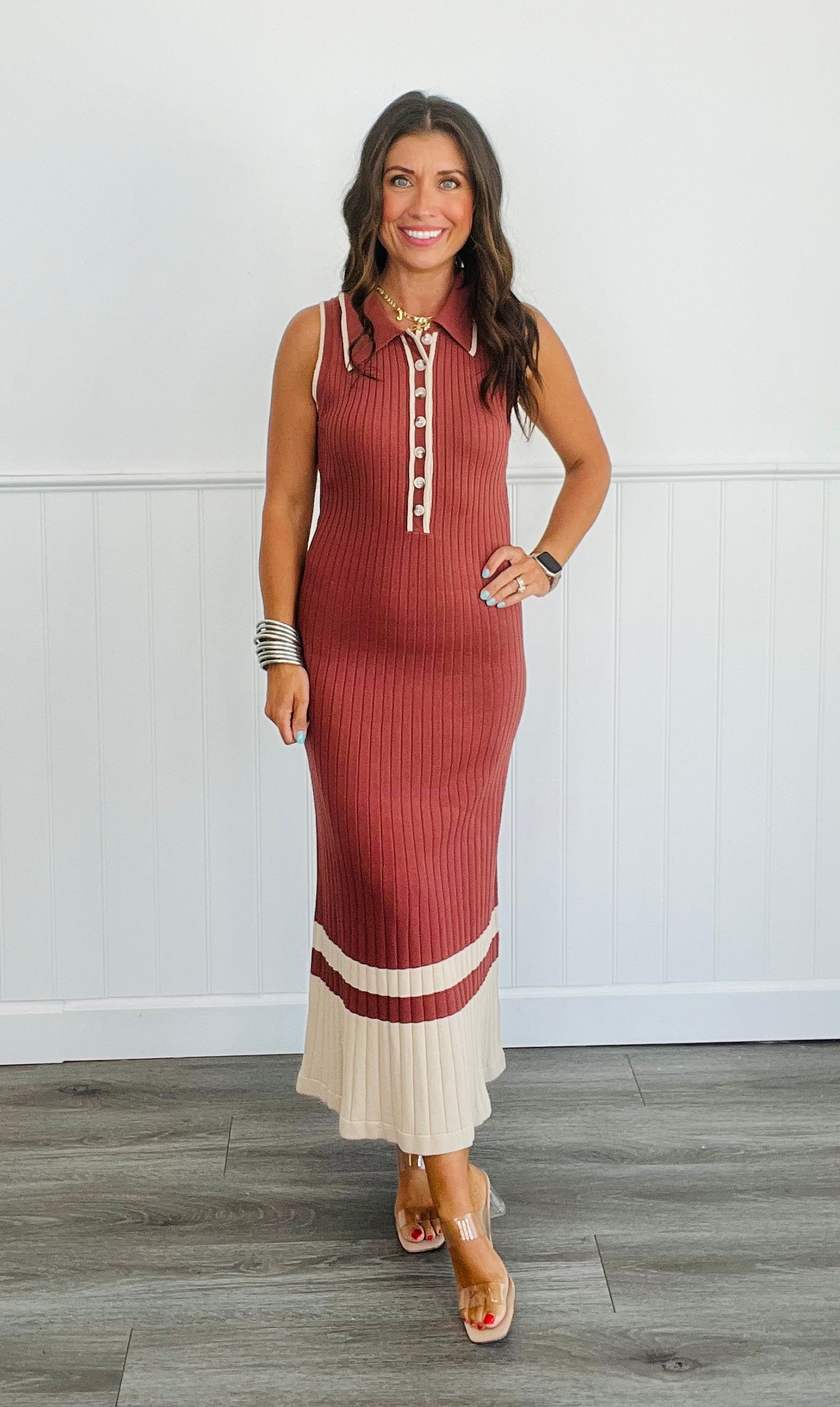 Cinnamon Contrasting Ribbed Midi Dress (Reg.)