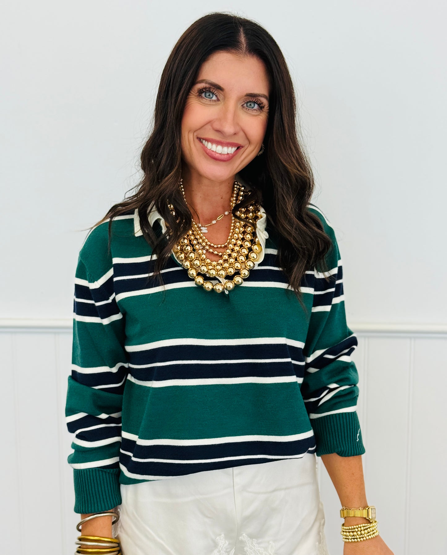 Contrast Collar Stripe Sweater Top (Reg.) - 3 Colors