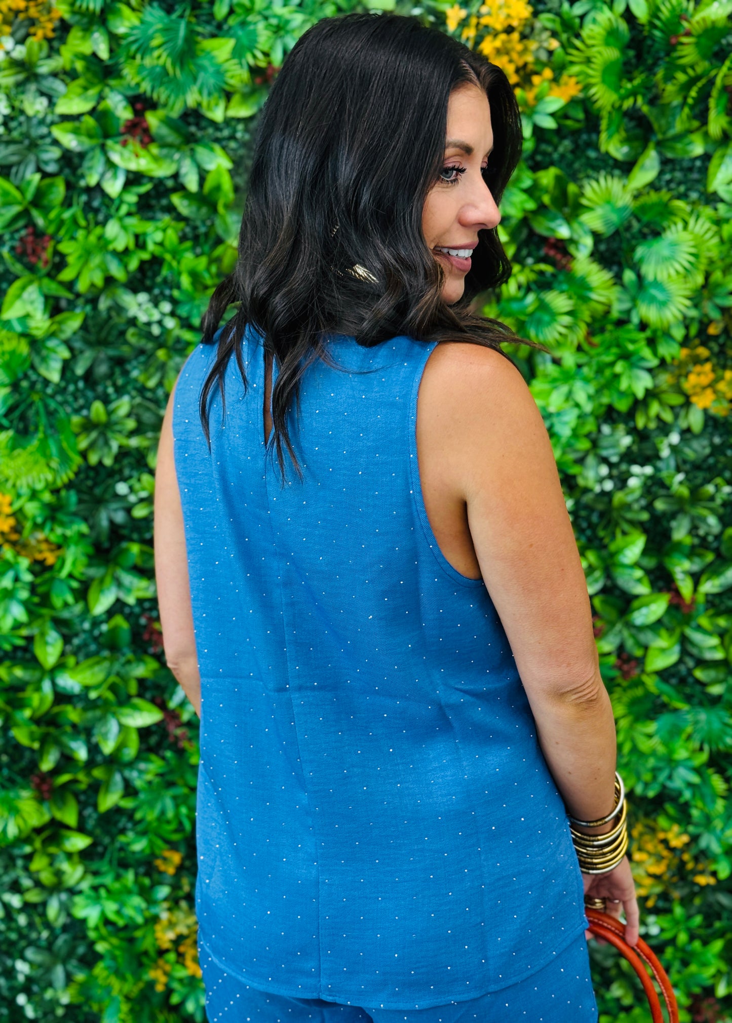 Denim Blue Rhinestone Sleeveless Blouse (Reg. and Plus)