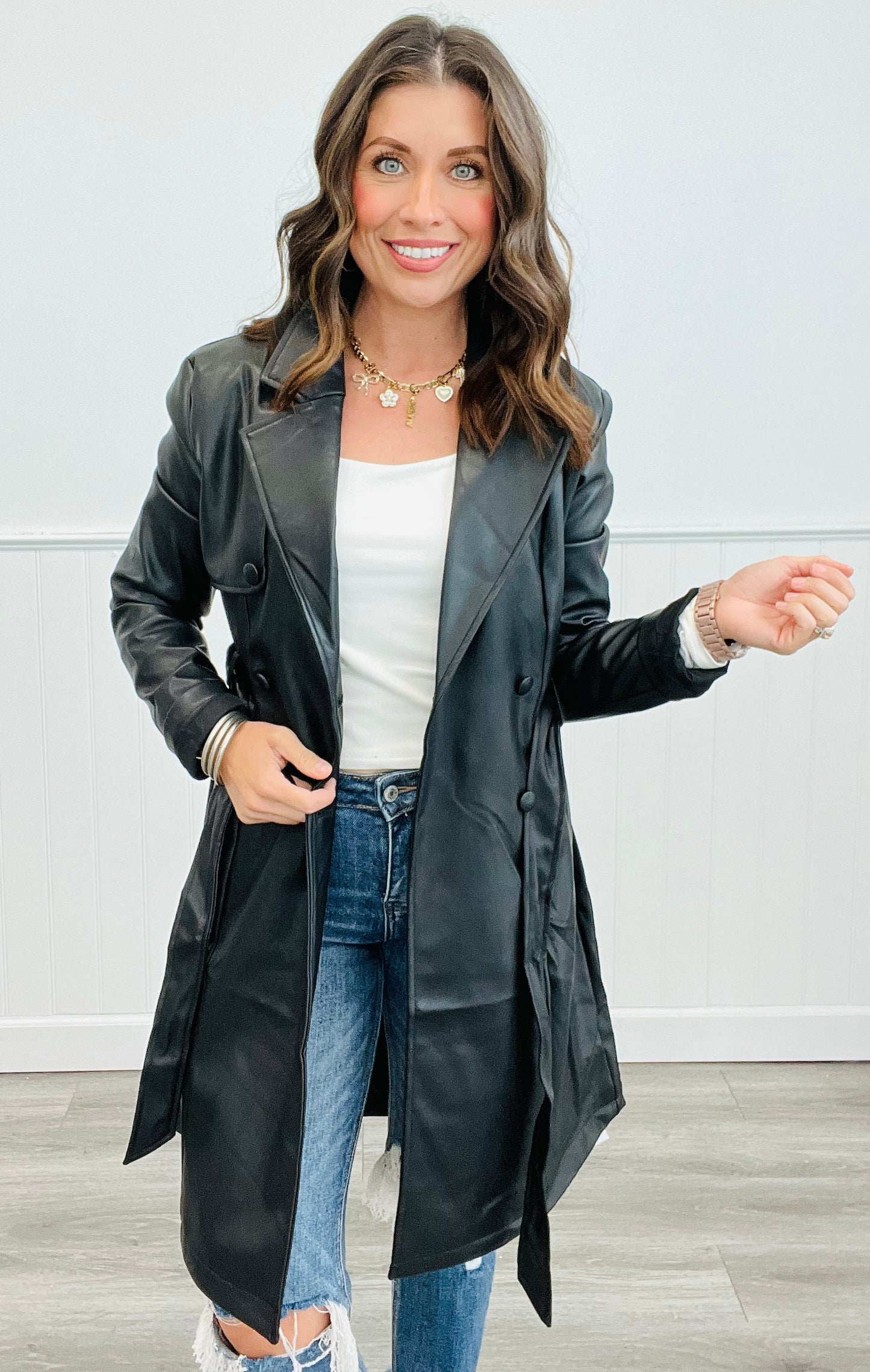 Belted Faux Leather Trench Coat (Reg)-3 Colors