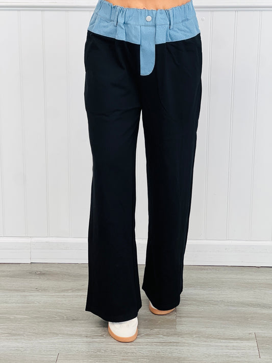 Black Contrast Waist Wide-leg Pants (Reg & Plus)