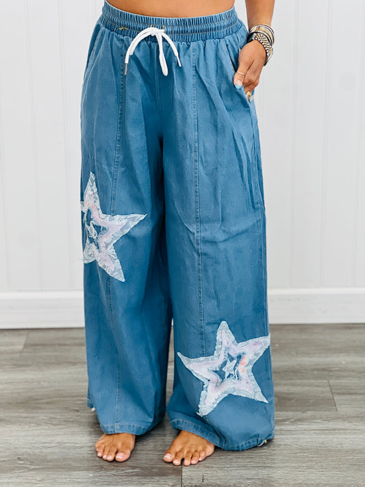 Light Denim Star Lace Patchwork Pants (Reg & Plus.)