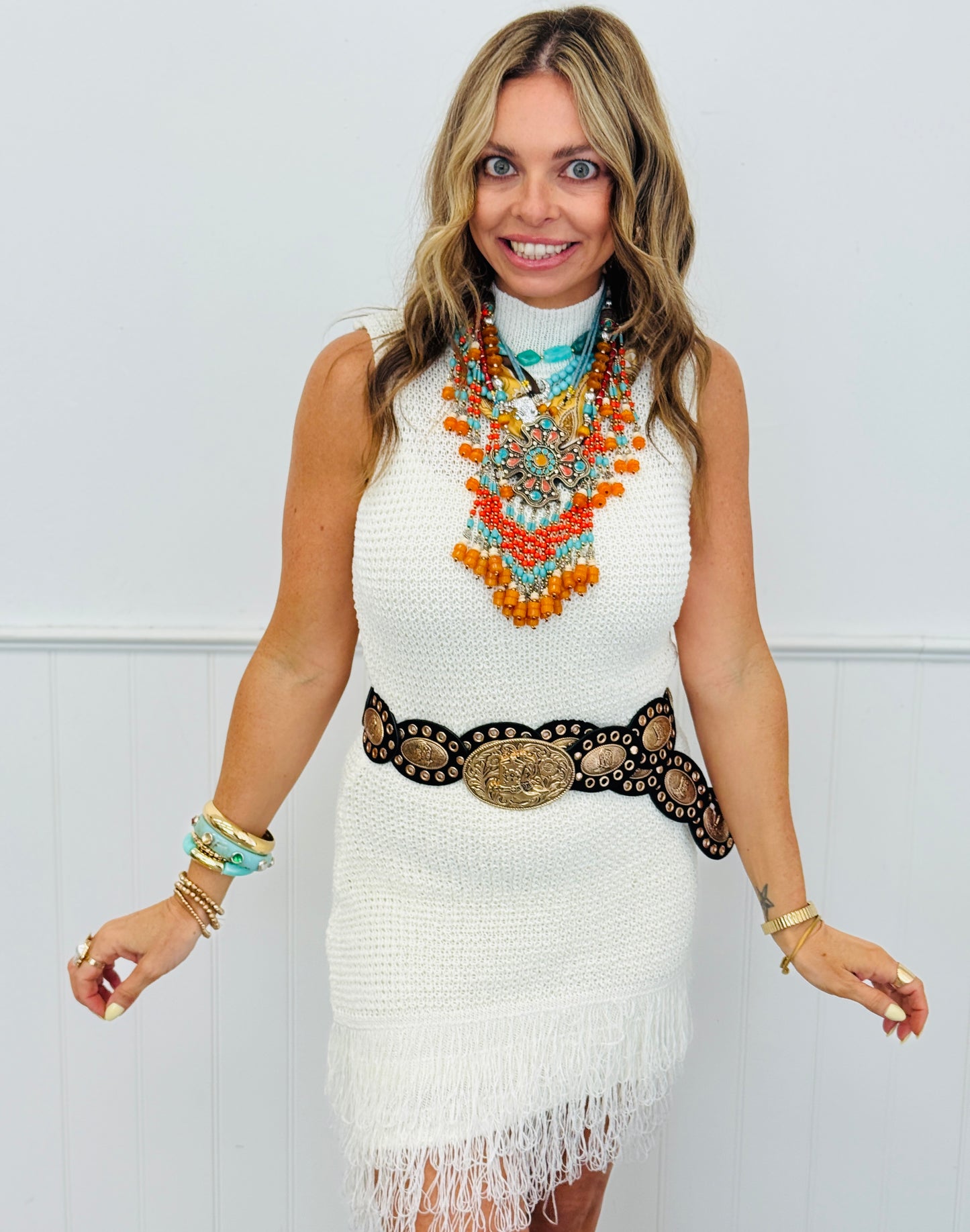 Ivory Fringe Hem Sleeveless Mini Dress (Reg.)