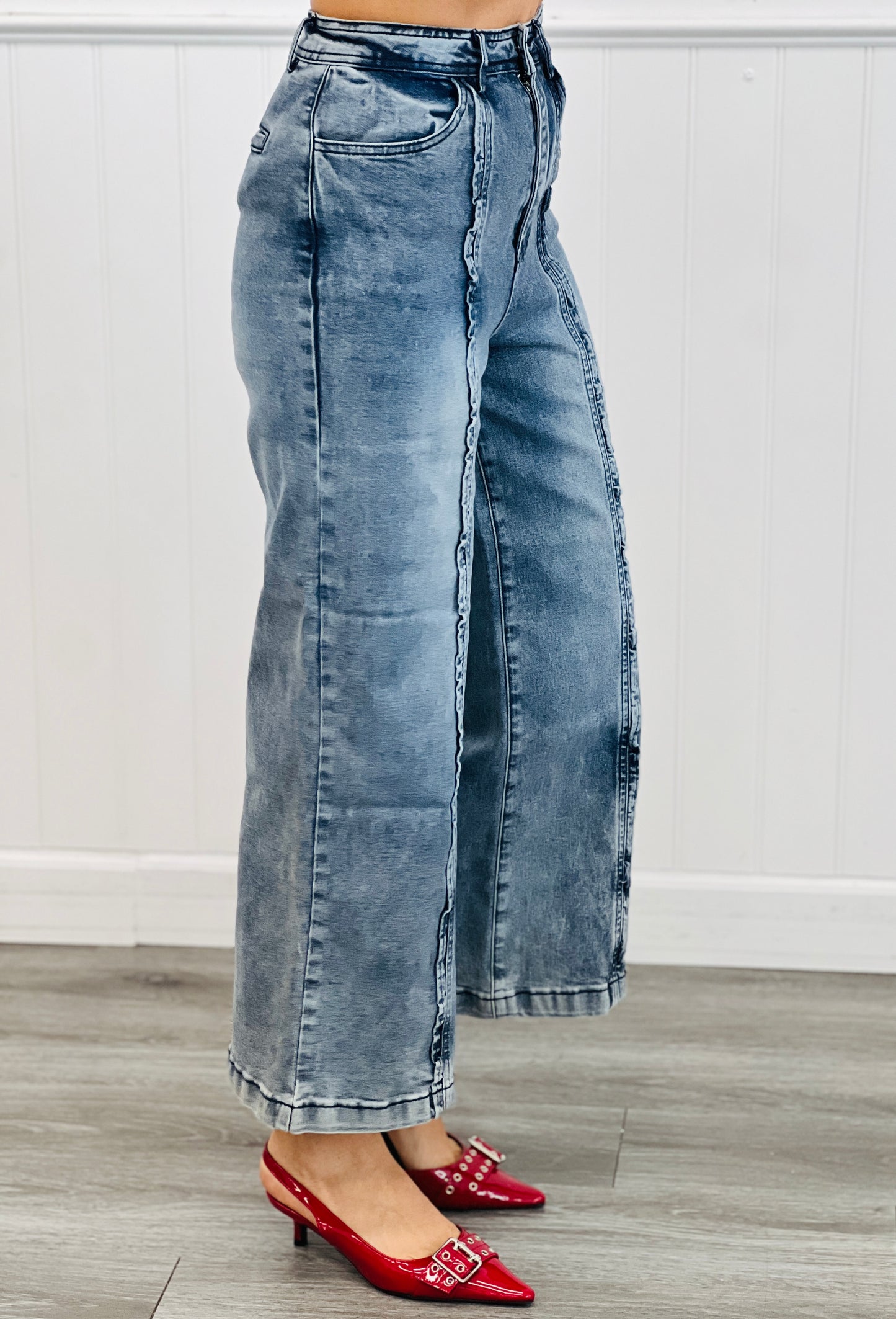 Denim Ruffle Trim High Waist Pants (Reg. and Plus)