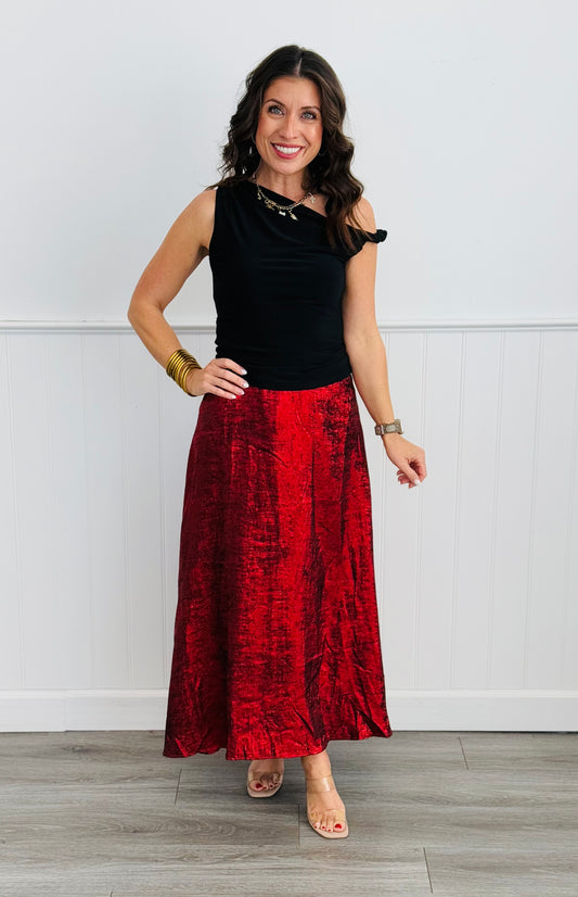 Red Metallic A-Line Midi Skirt (Reg. and Plus)