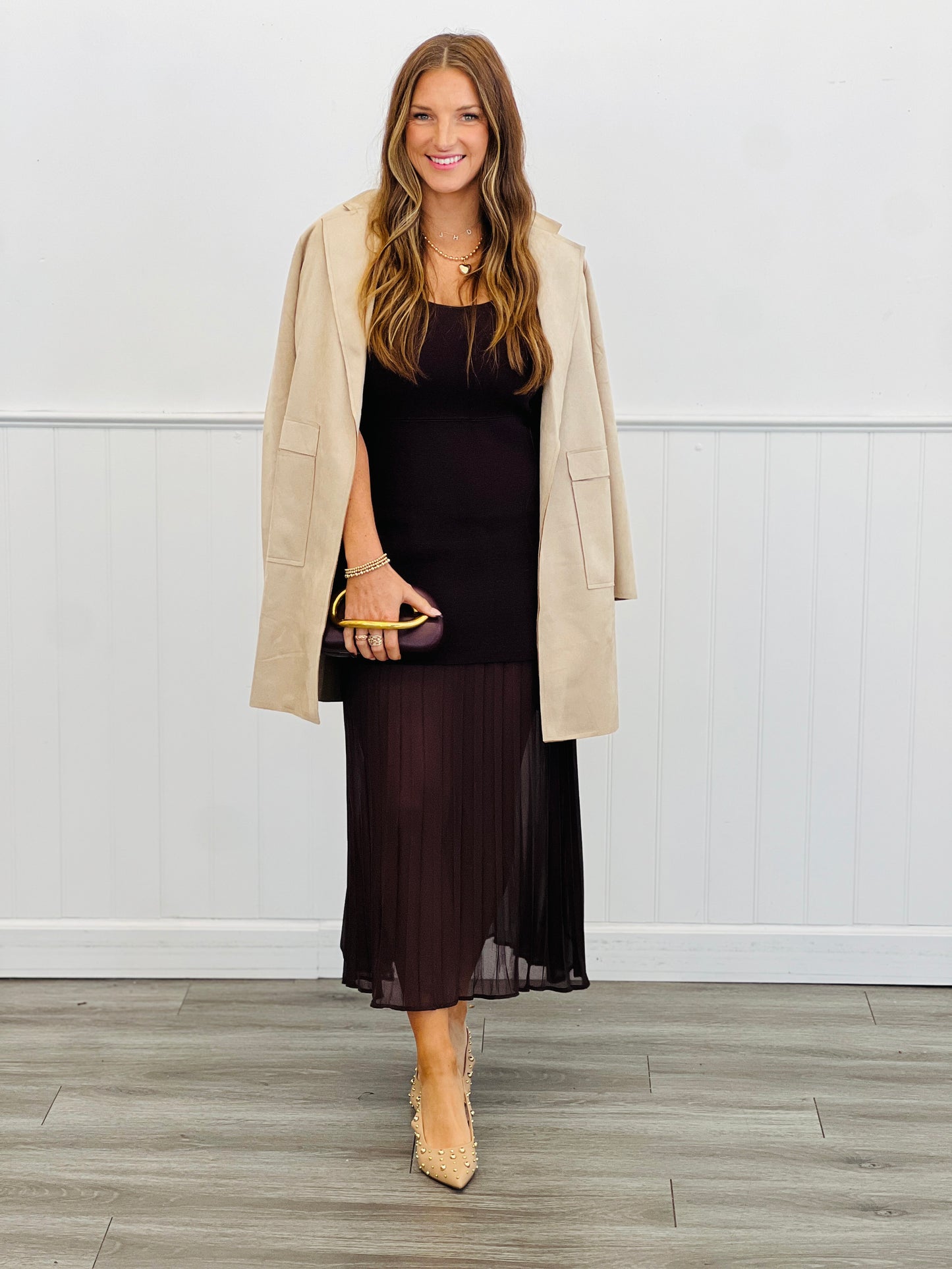 Coffee Sleeveless Sheer Trim Midi Dress (Reg.)