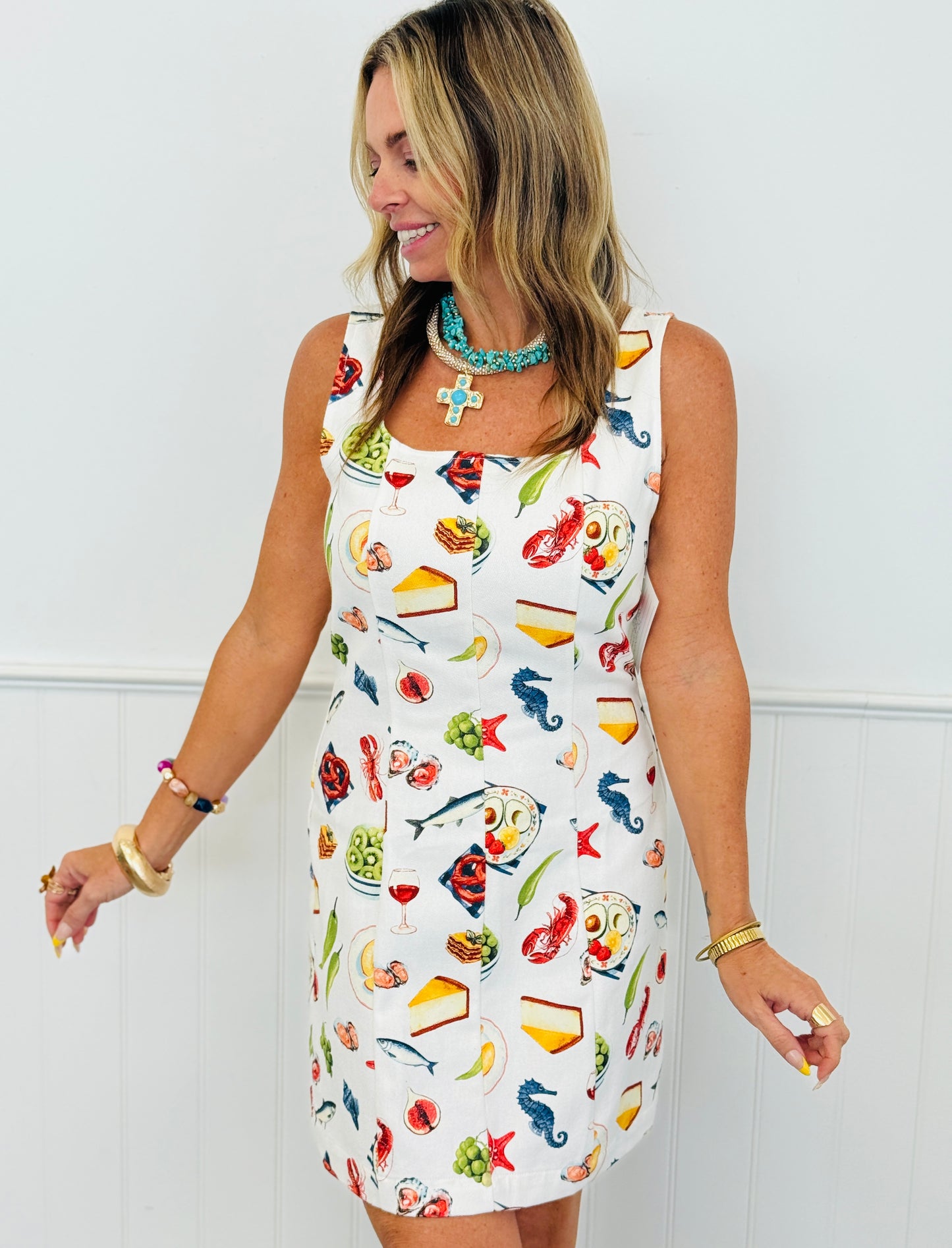 White Multi Foodie Print Mini Dress (Reg.)