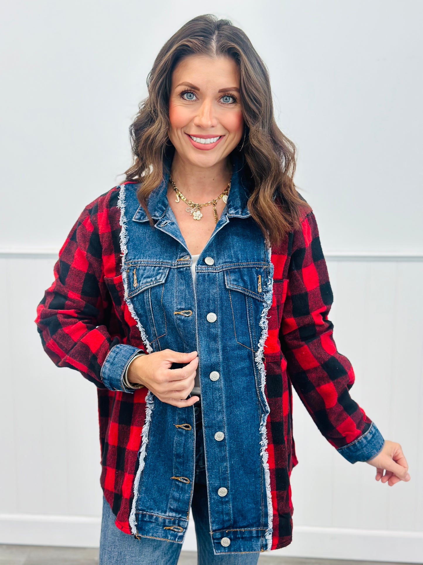 Red Plaid/Denim Button Up Top (Reg.)