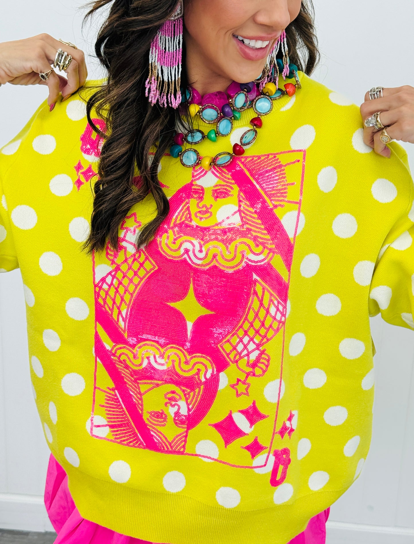 Queen Of Sparkles Lime Green & Pink Polka Dot Logo Sweater (Reg. & Plus)