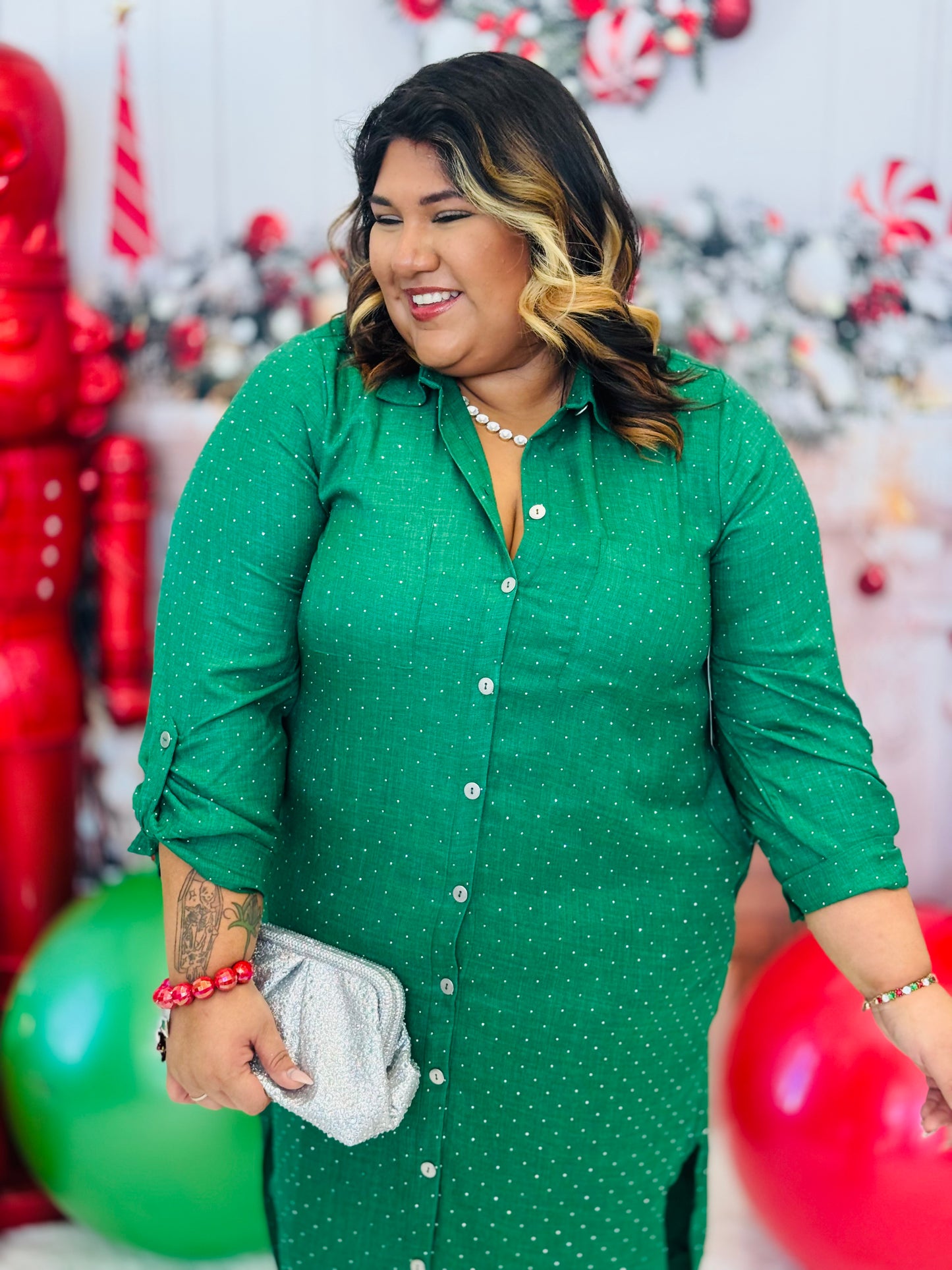 Dark Green Sparkle Midi Shirt Dress (Reg & Plus)