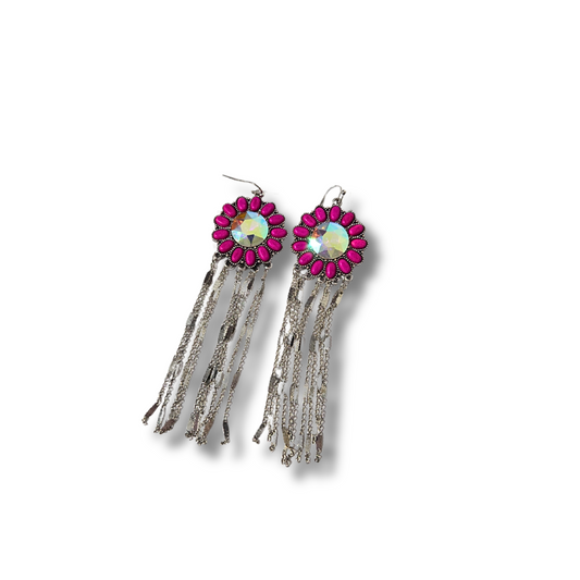 Crystal and Stone Flower Fringe Earrings - Fuchsia