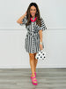Black Striped Waist Tie Mini Shirt Dress (Reg)