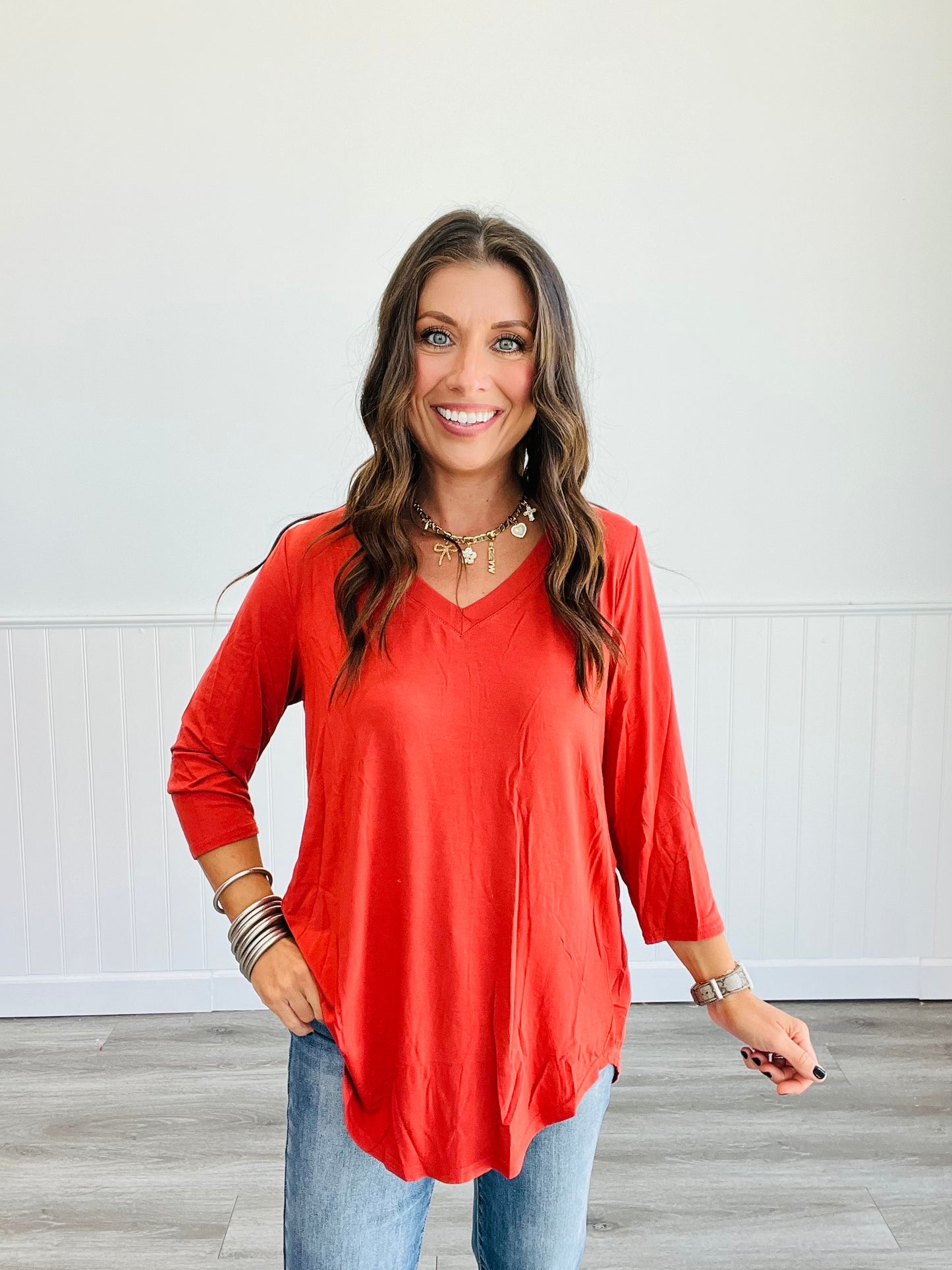 Solid V-Neck Mid Sleeve Top (Reg. & Plus)- 13 Colors