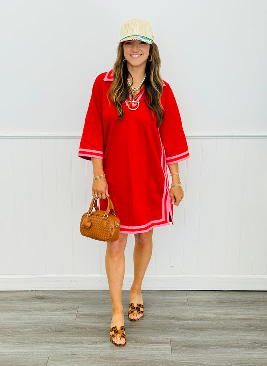 Red Contrast Trim Sailor Collar Midi Dress (Reg & Plus)