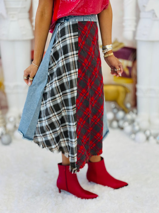 Denim Mixed Plaids Patchwork Midi Skirt (Reg & Plus)