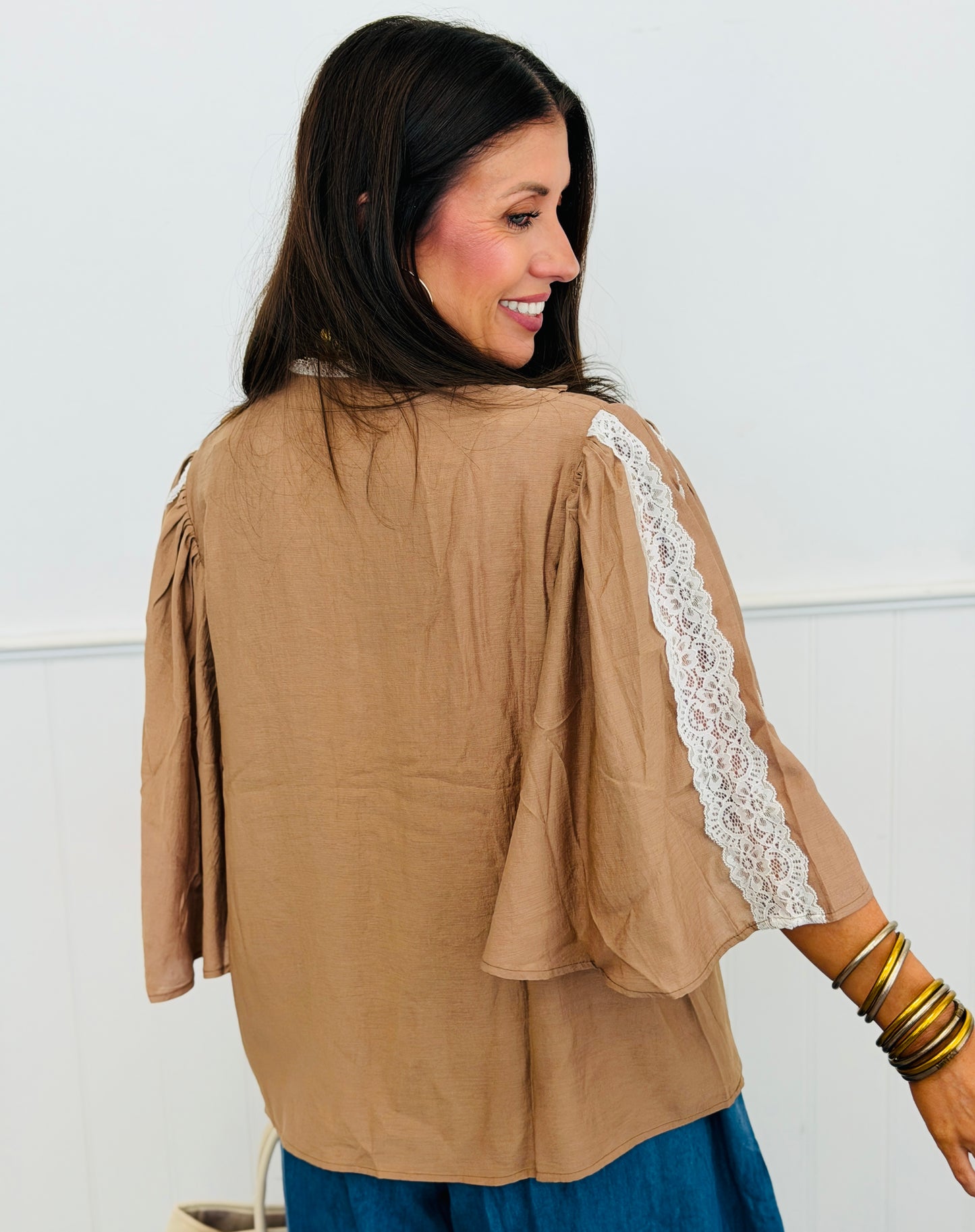 Mocha Lace Detail Blouse (Reg. and Plus)