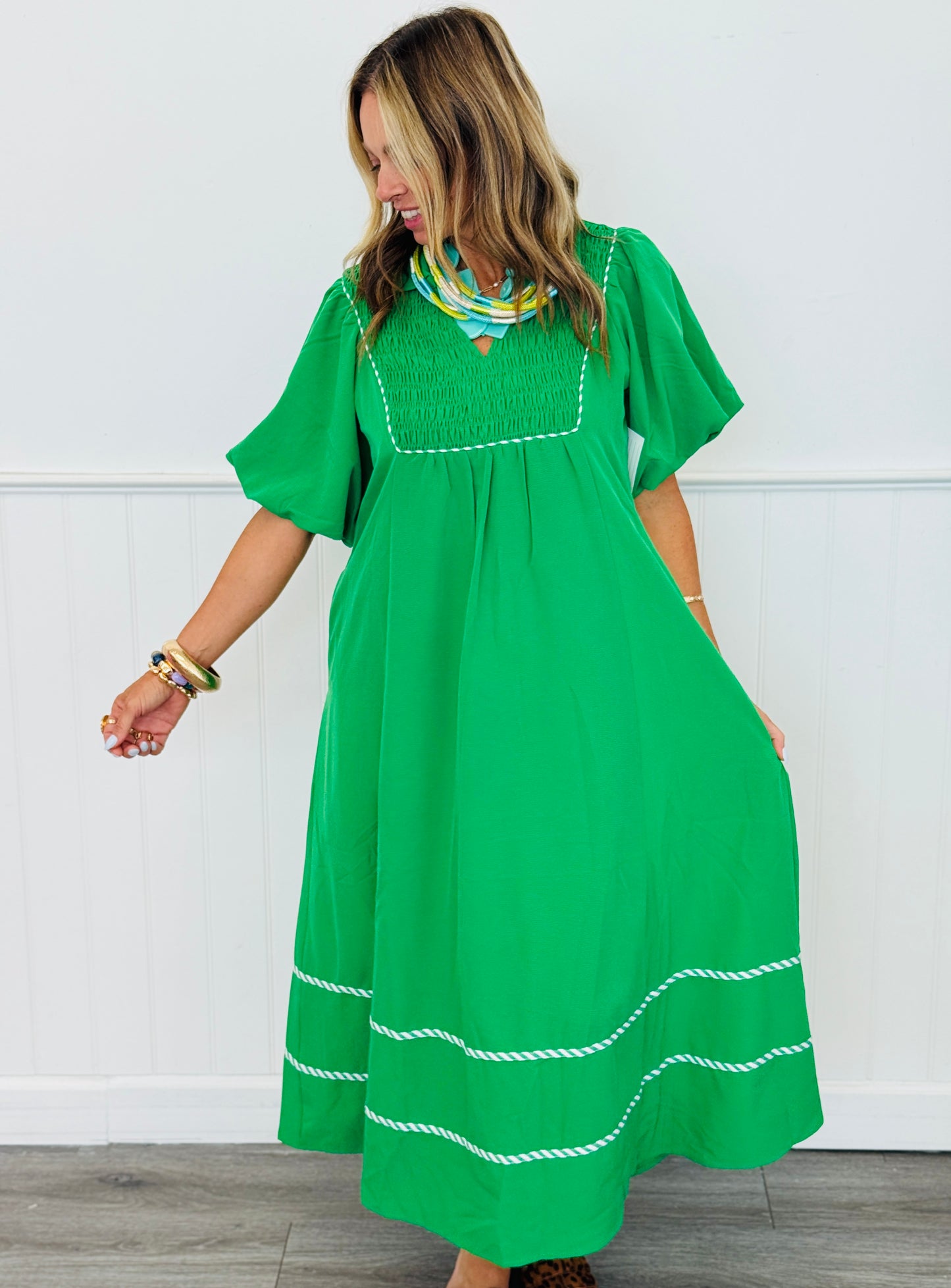 Green Smocked Neck Midi Dress (Reg.)