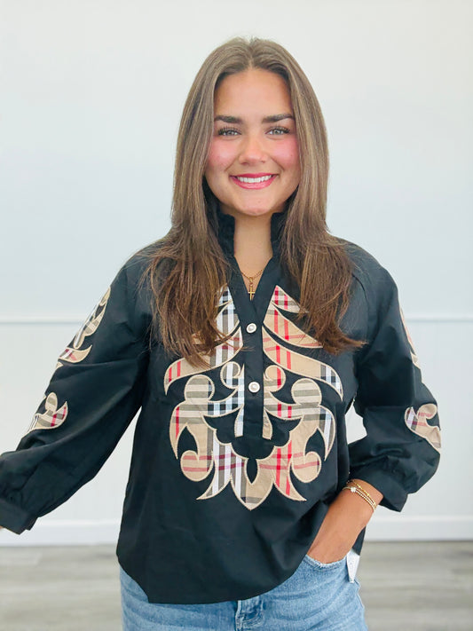 Black Plaid Baroque Applique Blouse (Reg.)