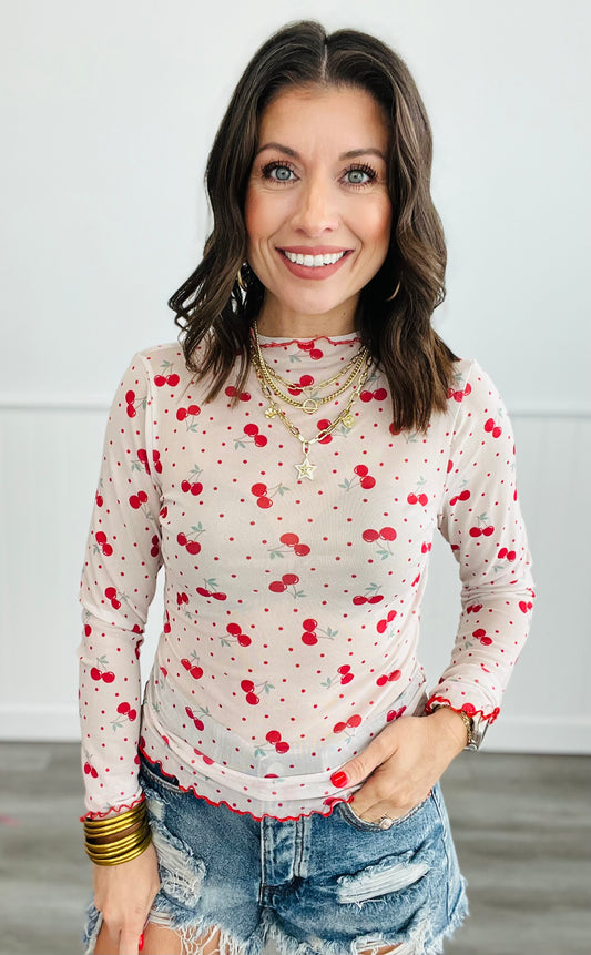 Polka Dot Cherries Mesh Long Sleeve Top (Reg. and Plus)