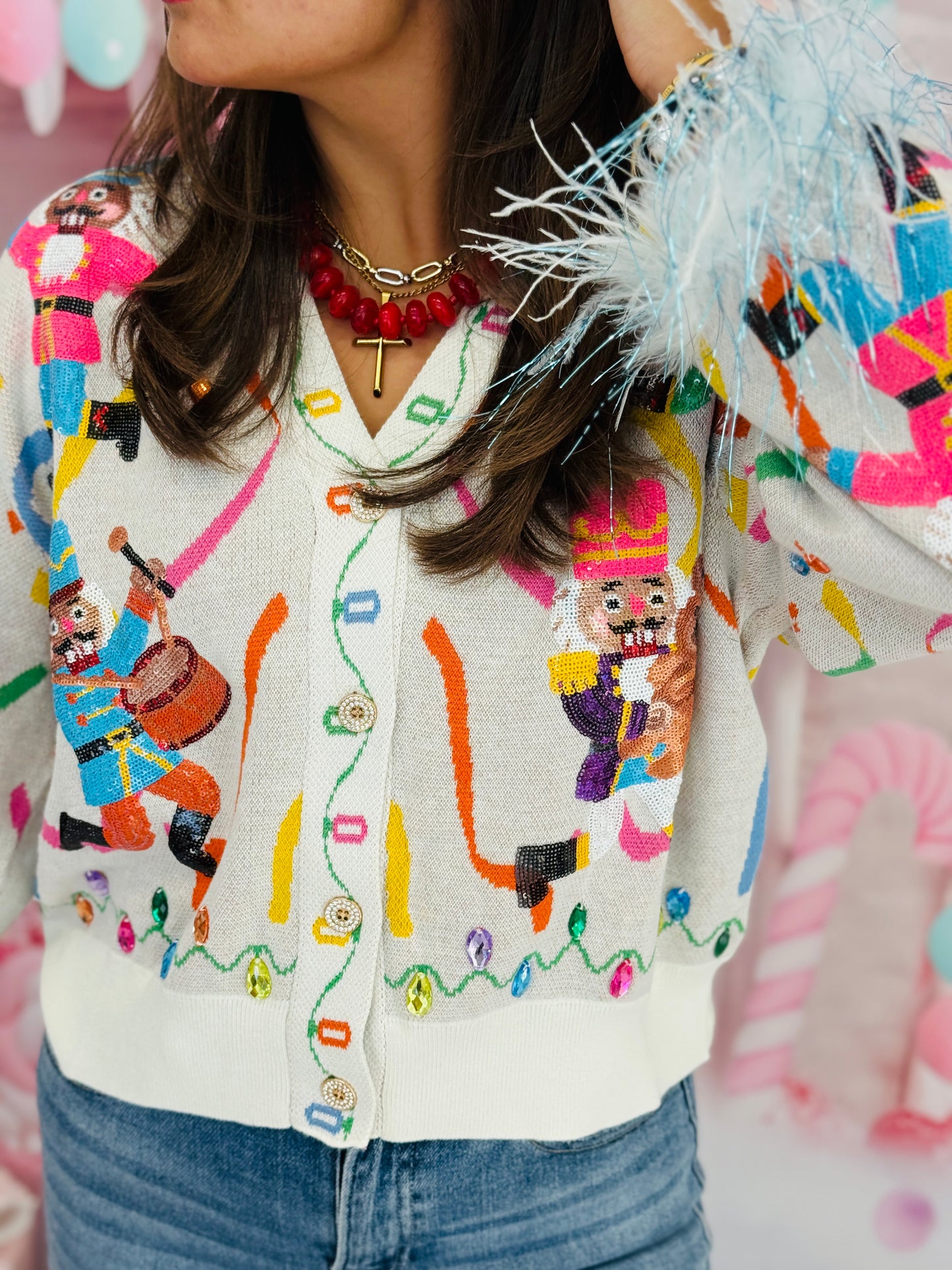 Queen Of Sparkles Multi Drummin Nutcracker Button Up Feather Sleeve Cardigan (Reg. & Plus)