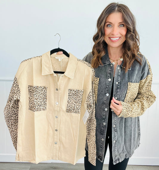 Acid Washed Leopard Trim Shirt (Reg)-2 Colors