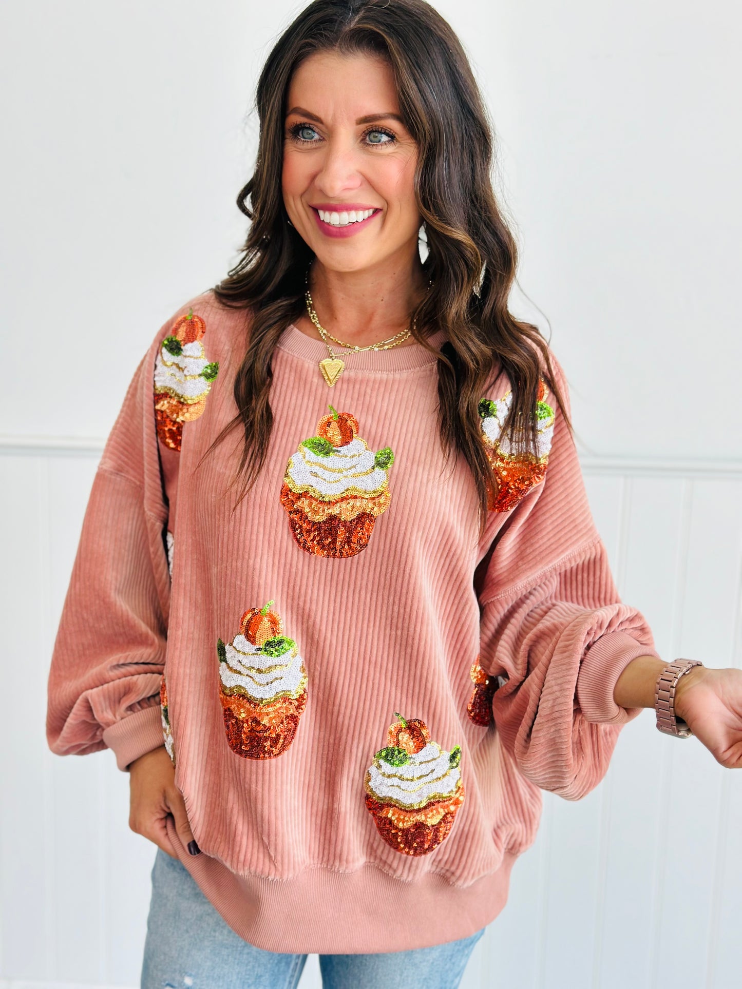 Mauve Corduroy Pumpkin Cupcakes Sweatshirt (Reg)