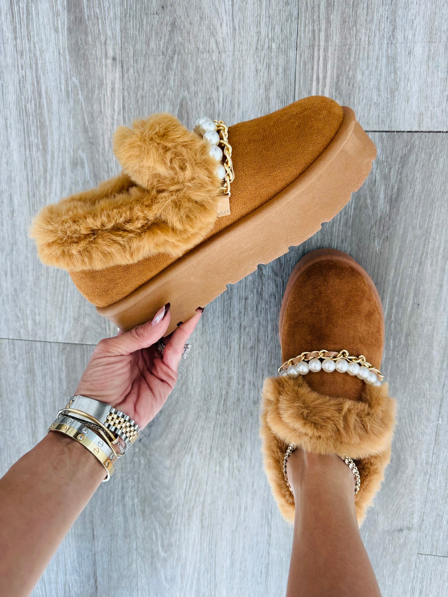 Tan Pearl Faux Fur Platform Booties