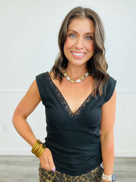 Black Double V Lace Trim Top (Reg & Plus)