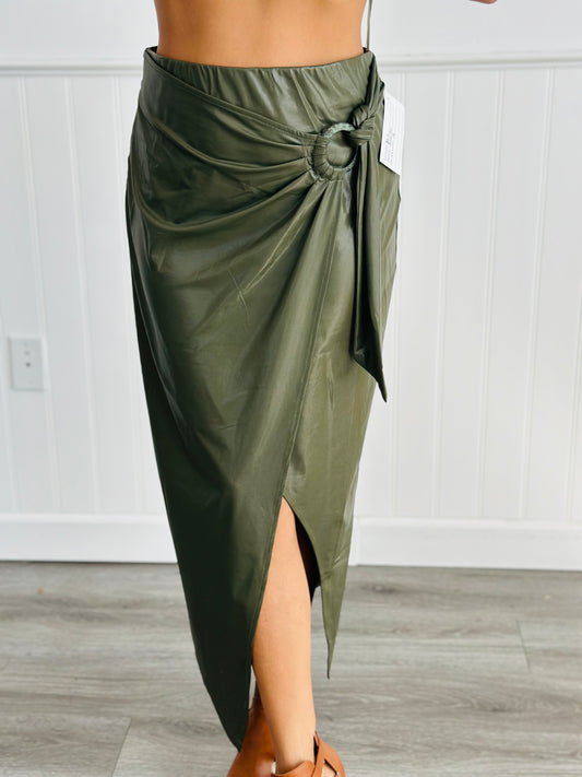 Olive Shiny Ring Detail Wrap Midi Skirt (Reg.)