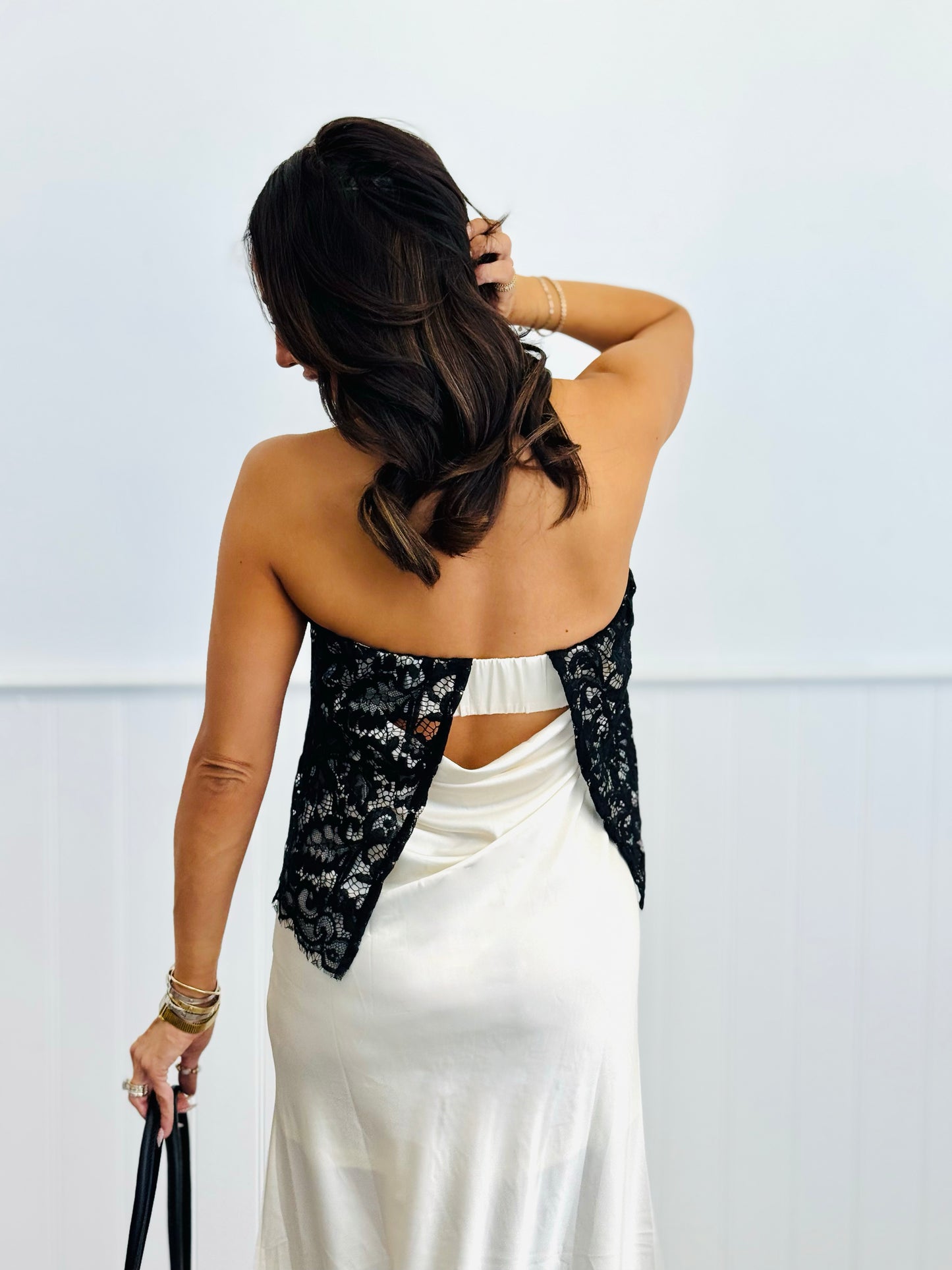 Black/Ivory Strapless Lace Overlay Satin Gown (Reg.)