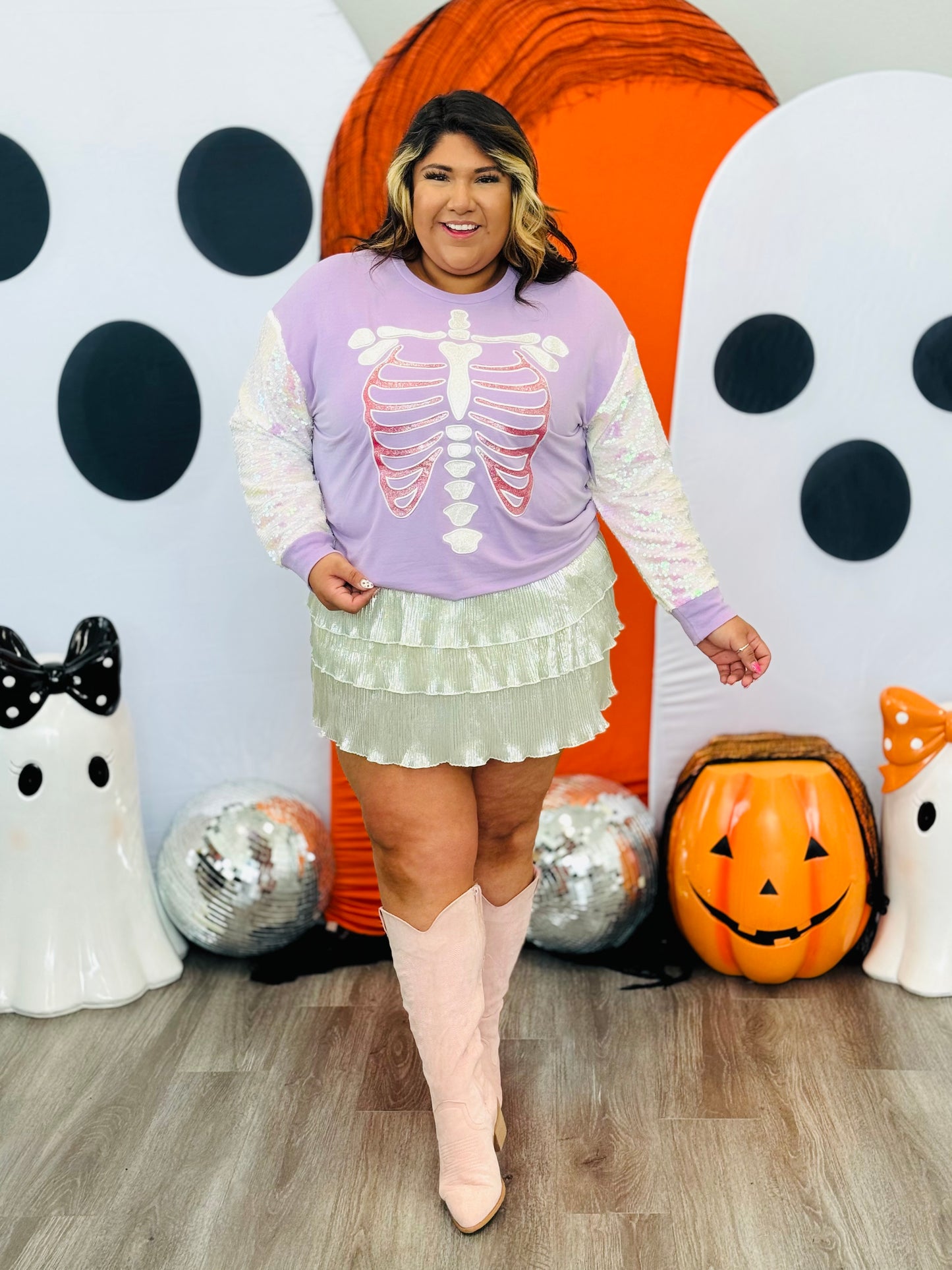 Purple Glitter Skeleton Sequin Sleeves LS Top (Reg. and Plus)