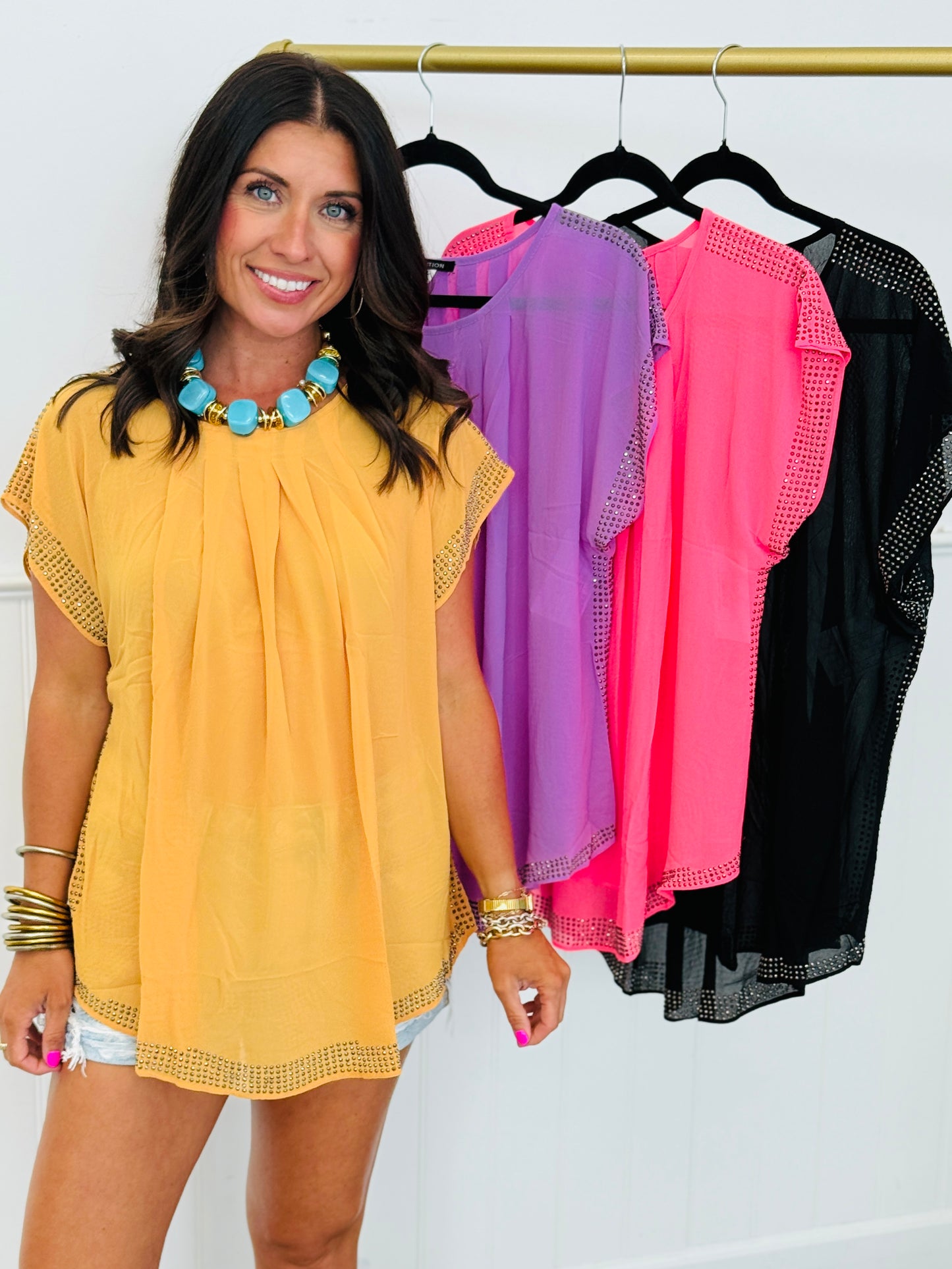Semi Sheer Rhinestone Top (Reg. and Plus)-4 Colors