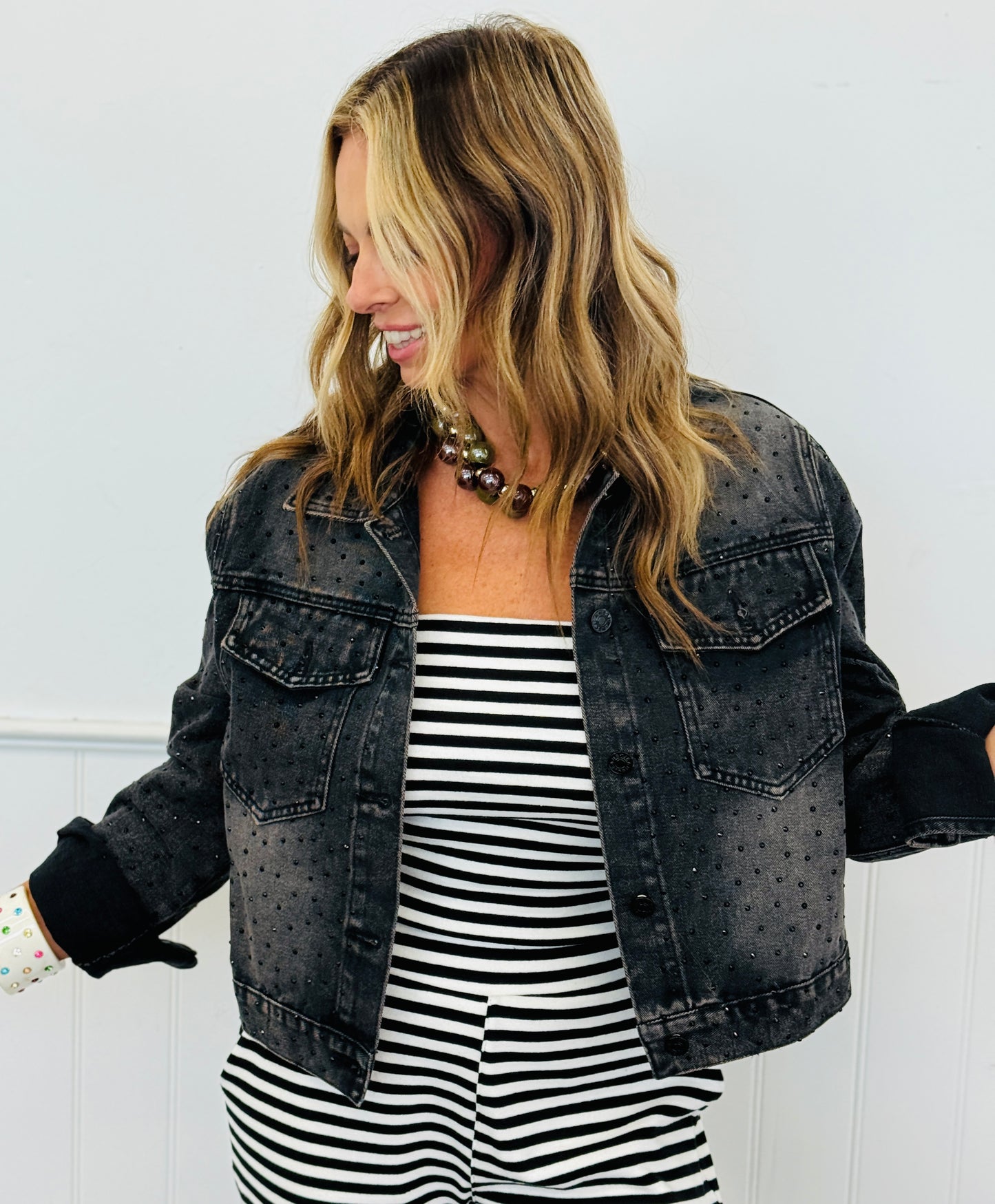 Black Denim Rhinestone Button Up Jacket (Reg. and Plus)