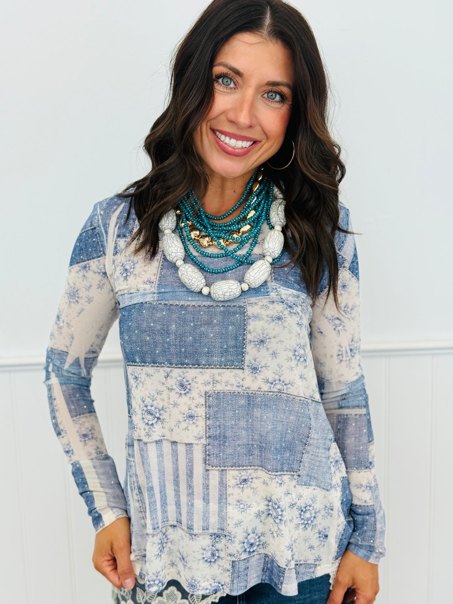 Denim Patch Rhinestone Mesh LS Top (Reg. and Plus)