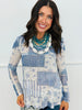 Denim Patch Rhinestone Mesh LS Top (Reg. and Plus)