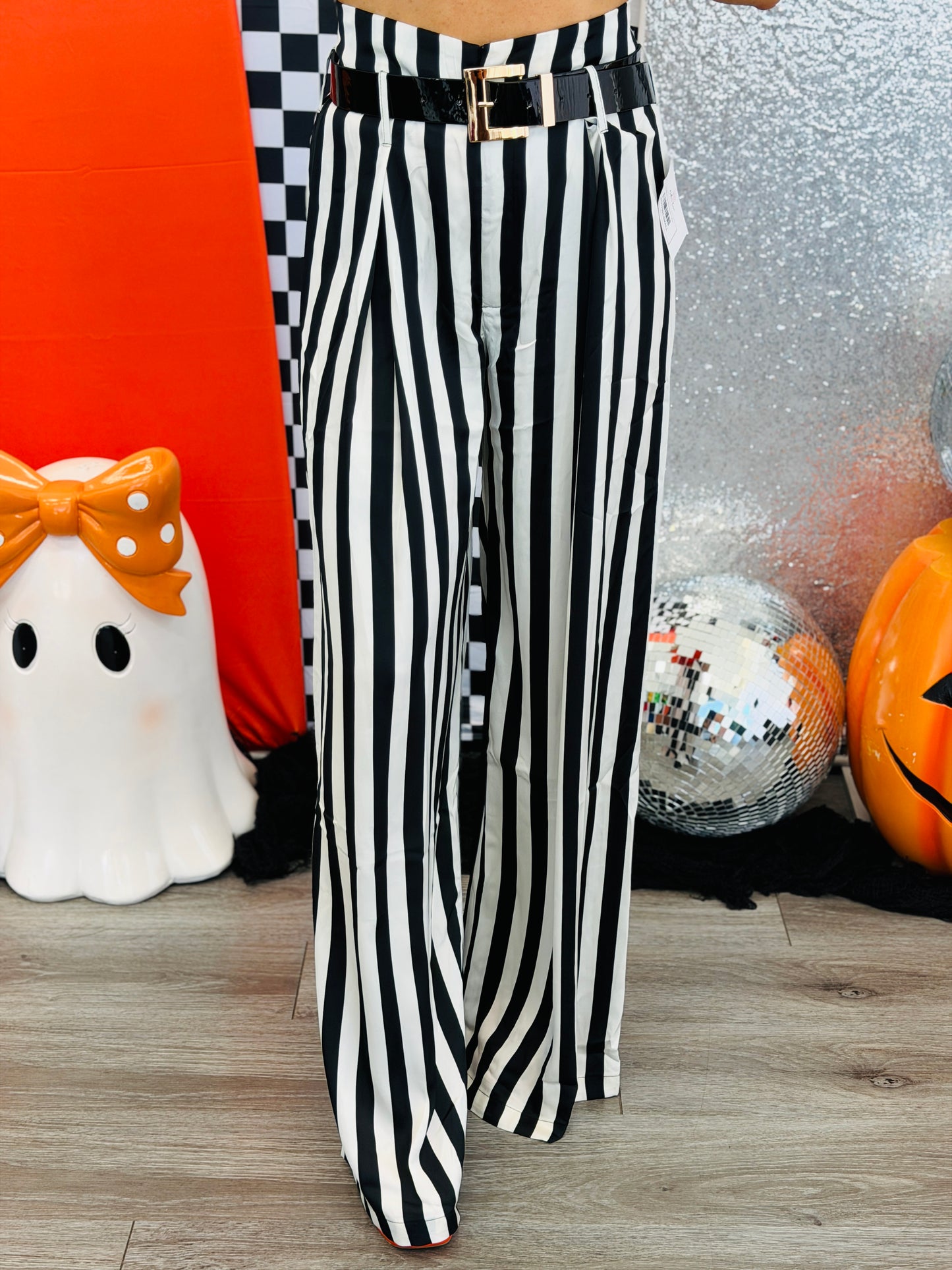 Black/White Stripe Belted Pants (Reg.)