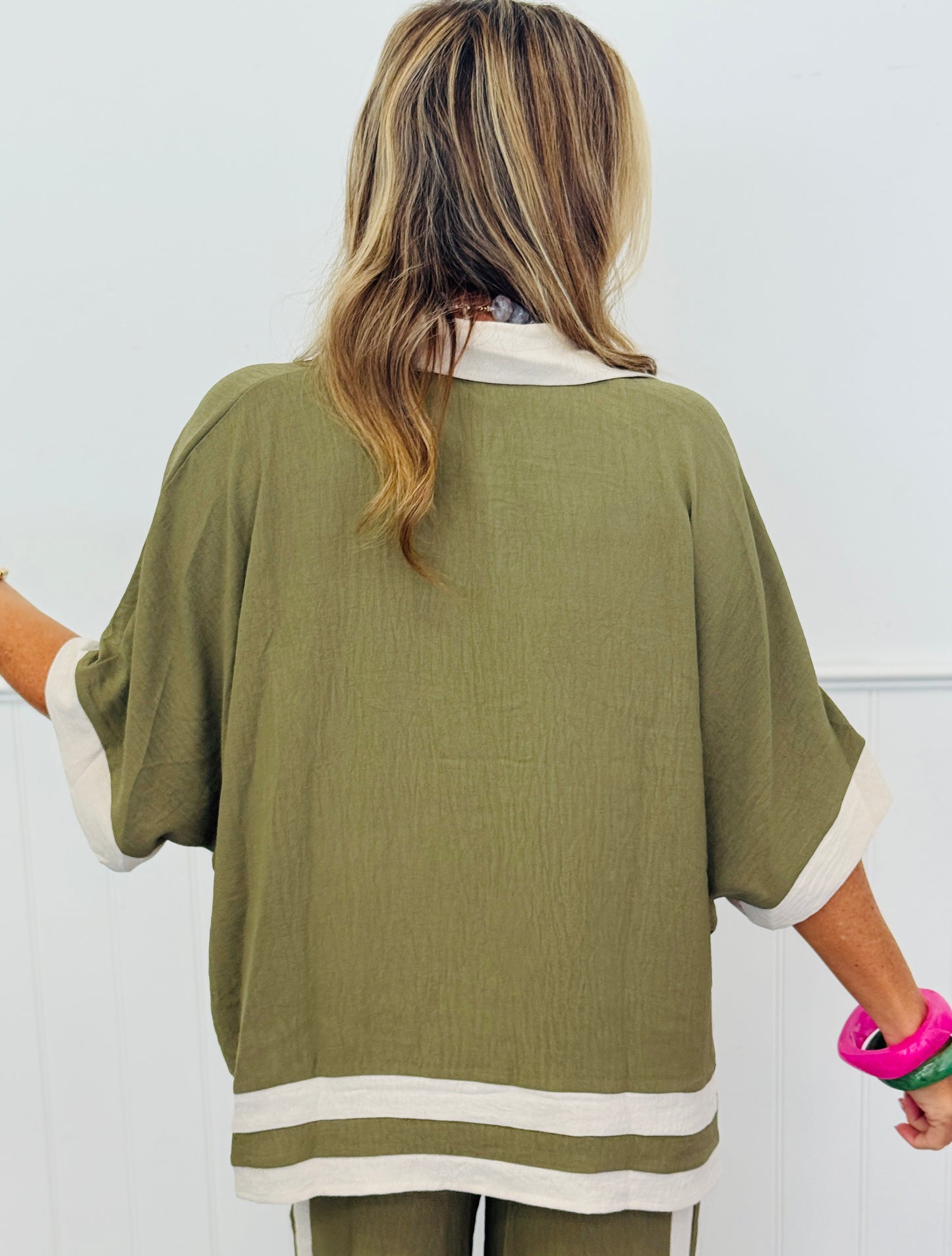 Olive Contrast Stripe Shirt & Pants Set (Reg & Plus)