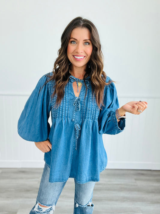 Dark Denim Delight Pintuck Babydoll Top (Reg.)