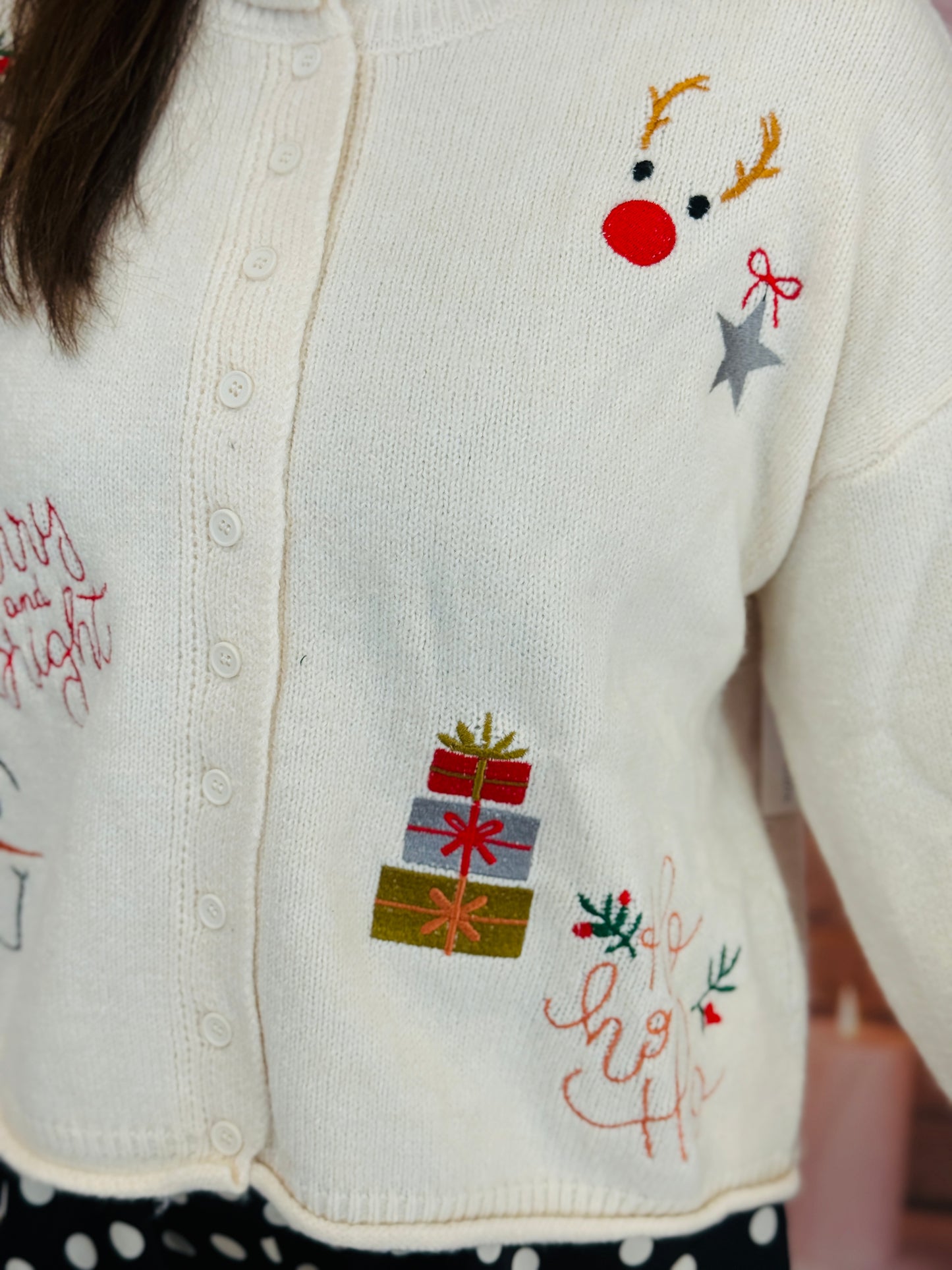 Ivory Embroidered Holiday Button Down Cardigan (Reg.)