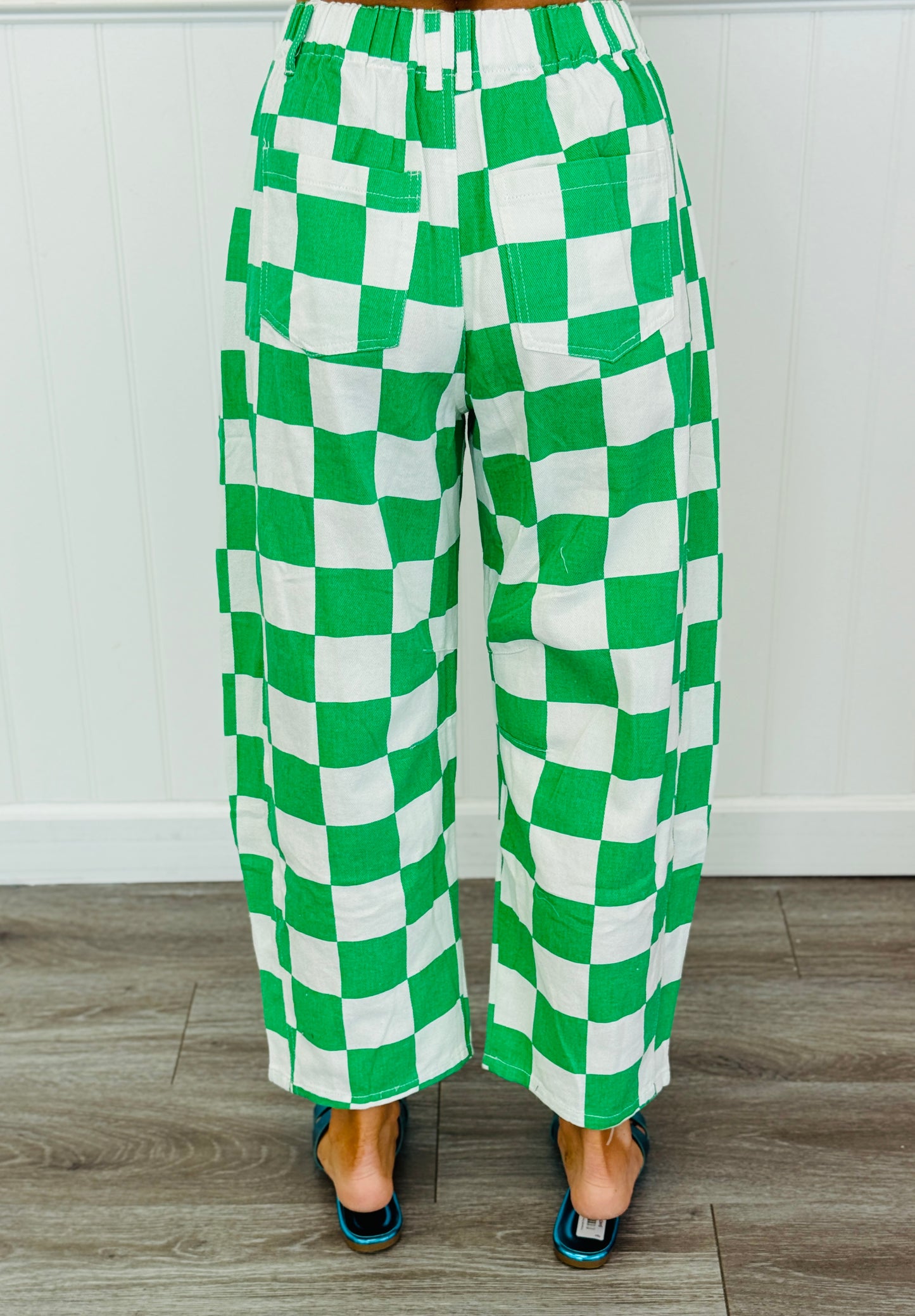 Kelly Green Checkered Print Barrel Pants (Reg. and Plus)