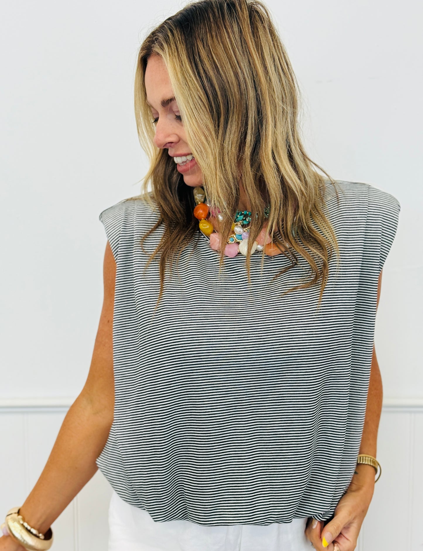 Striped Shoulder Pad Top (Reg & Plus)- 2 Colors