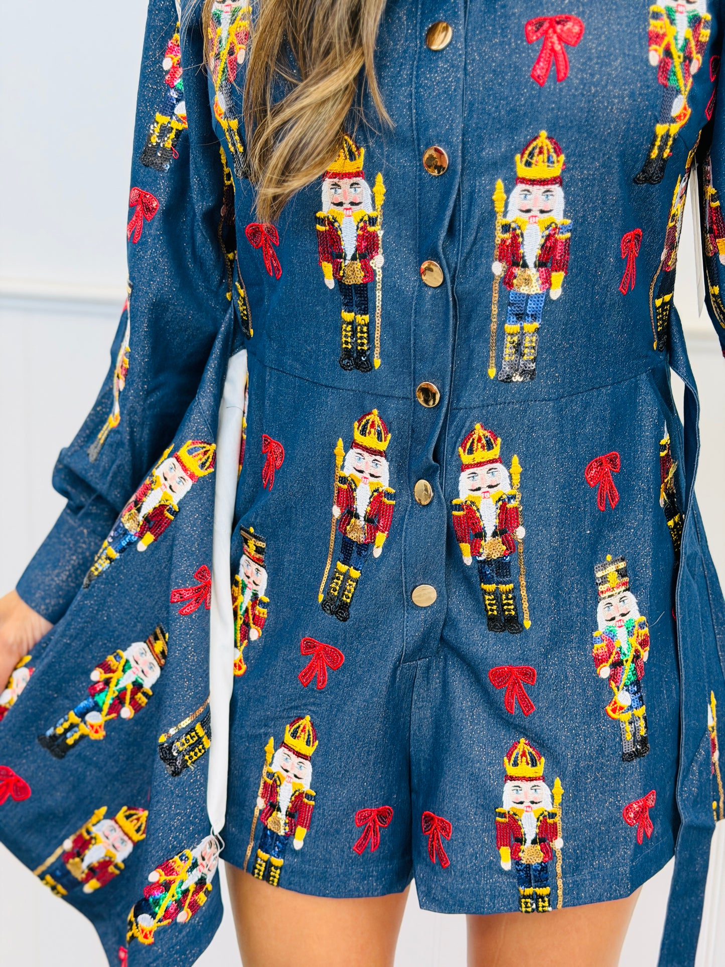 Queen Of Sparkles Denim Nutcracker & Bow Wrap Tie Romper (Reg. & Plus)