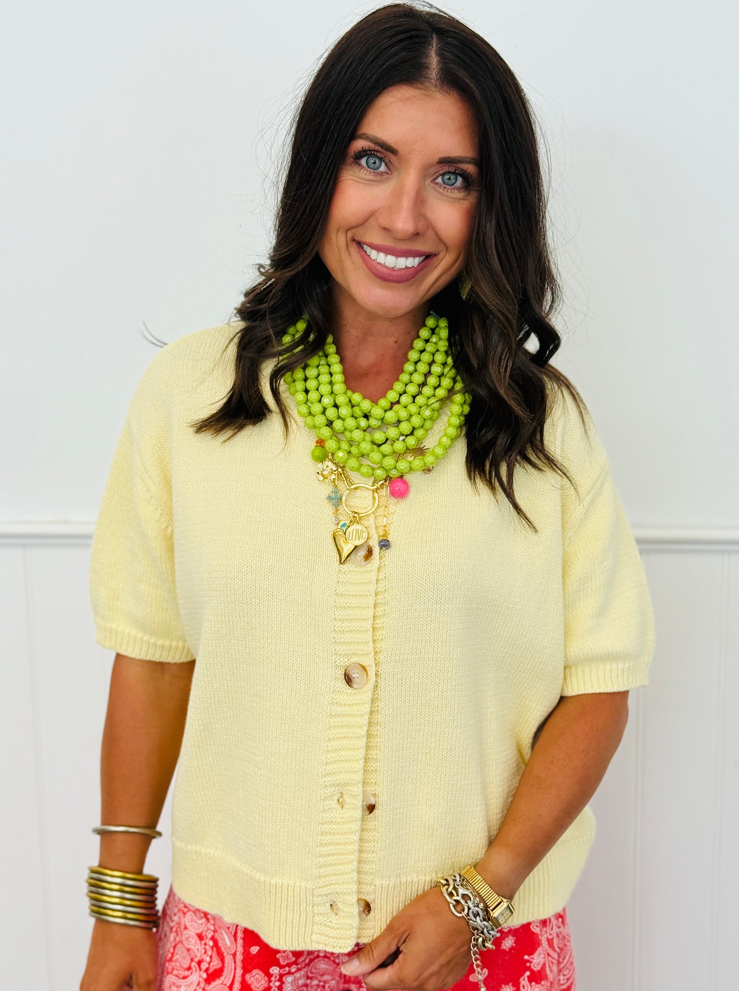 Light Yellow Short Sleeve Sweater Cardi Top (Reg.)