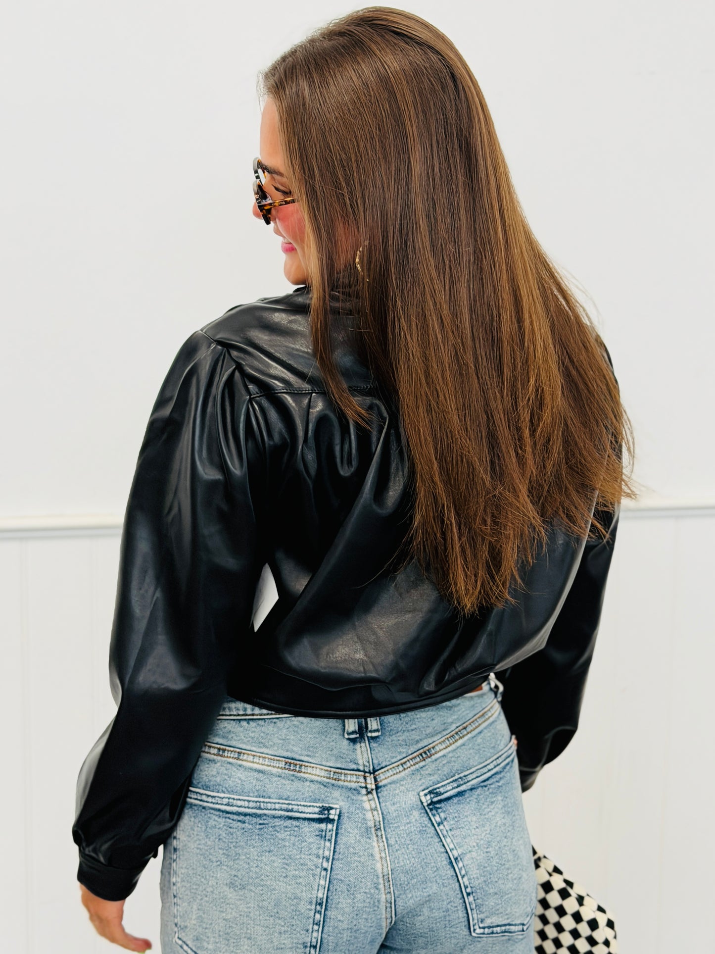 Black Faux Leather Bomber Jacket (Reg.)