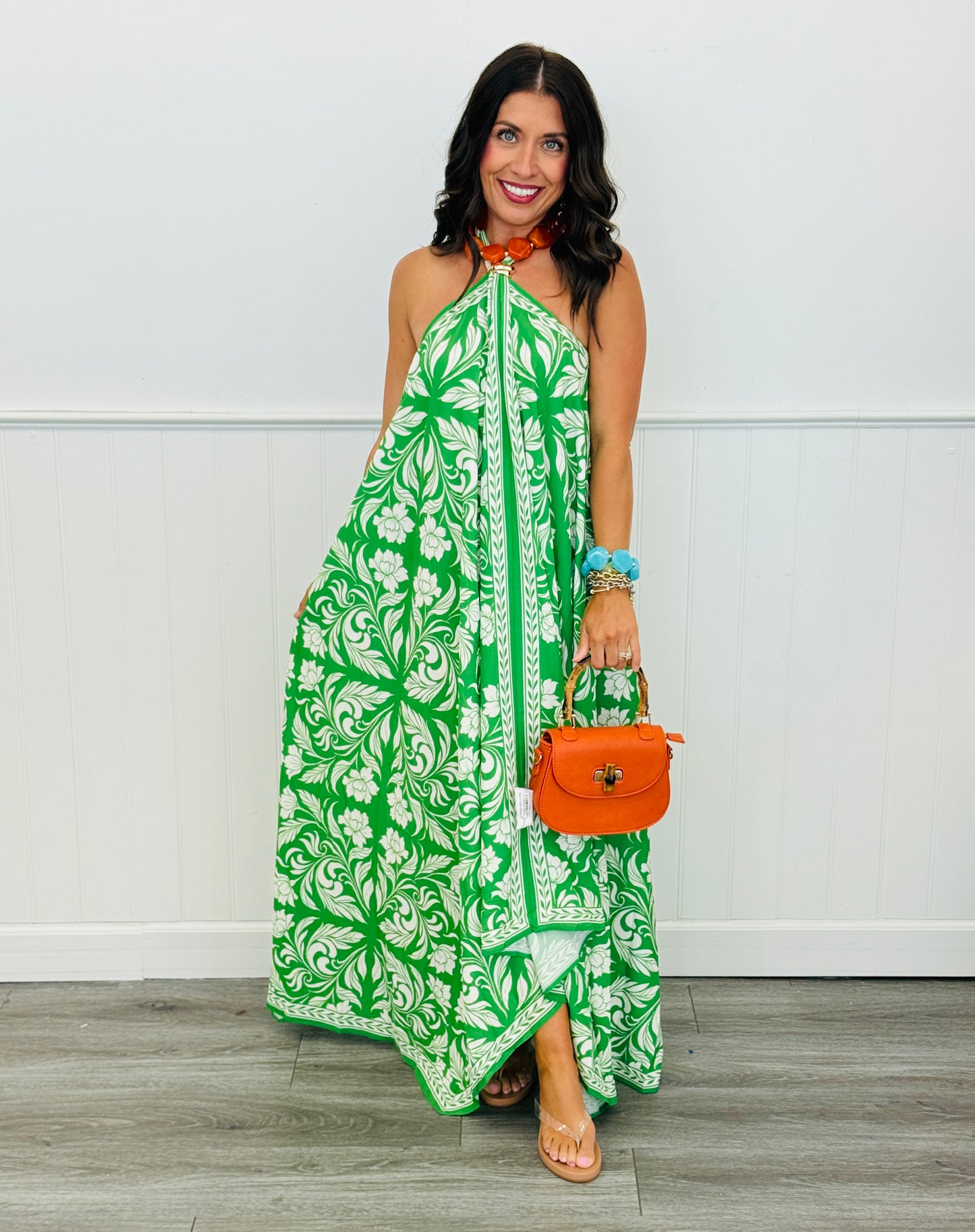 Green Print Open Back Midi Scarf Dress (Reg.)