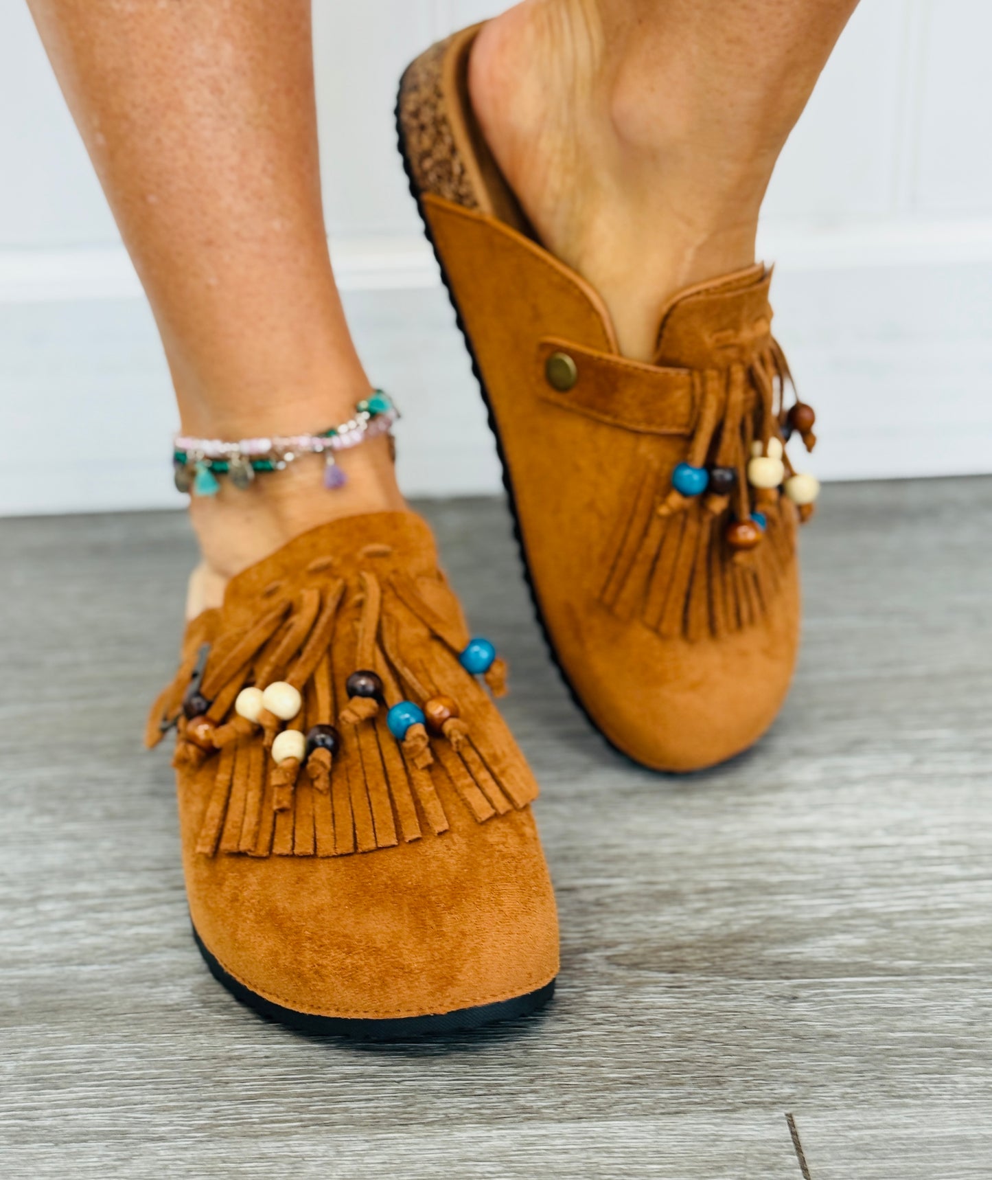 Tan Fringe & Flair Slip On Mules