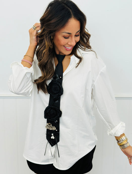 Black Floral Tie Button Up Top (Reg.)