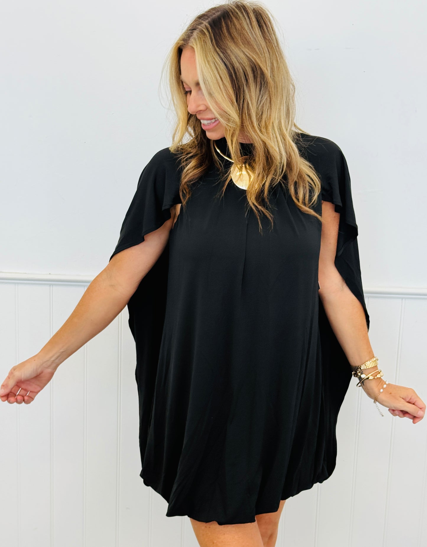 Black Sleeveless Bubble Hem Mini Dress (Reg.)