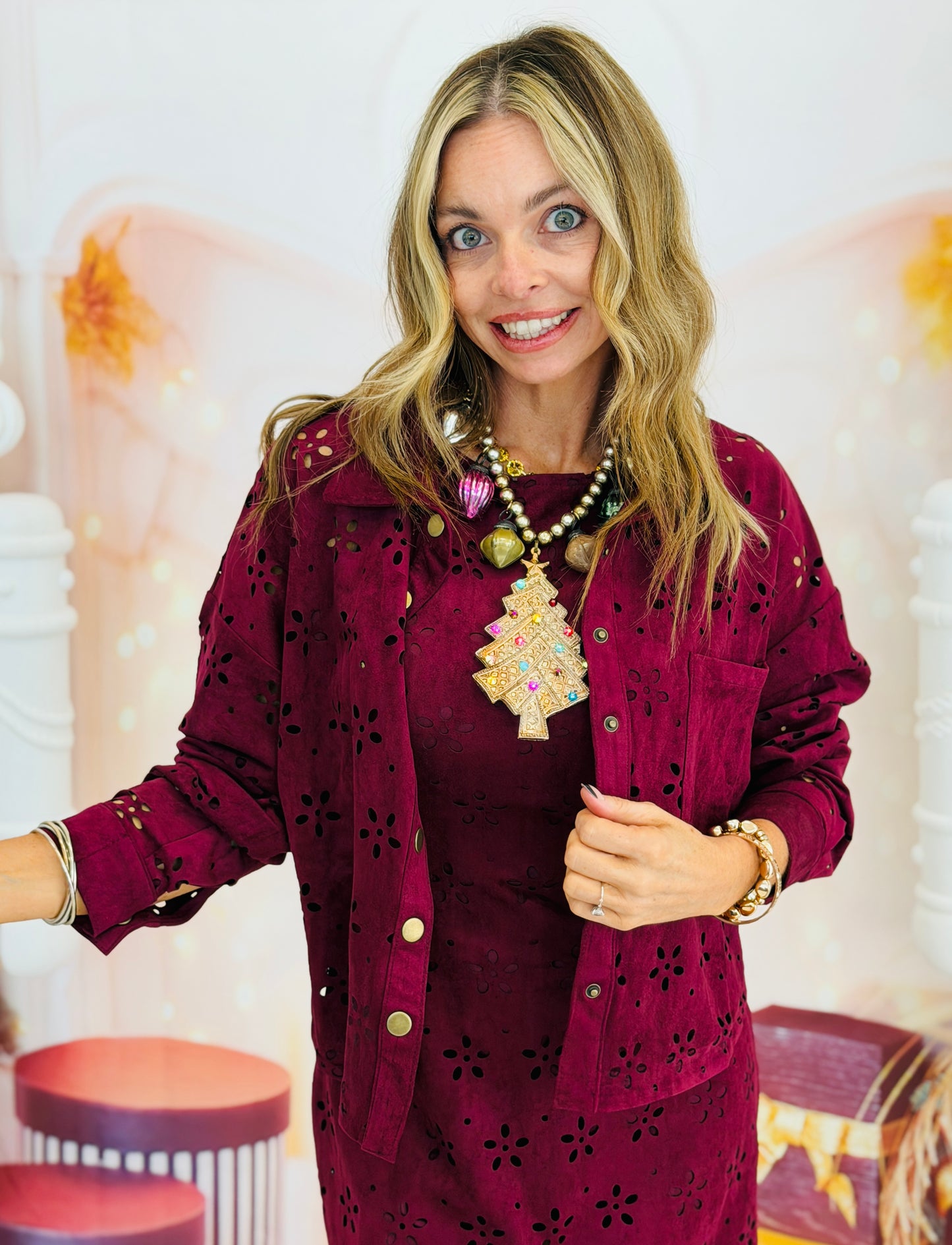 Wine Laser Cut Floral Suede Jacket (Reg & Plus)