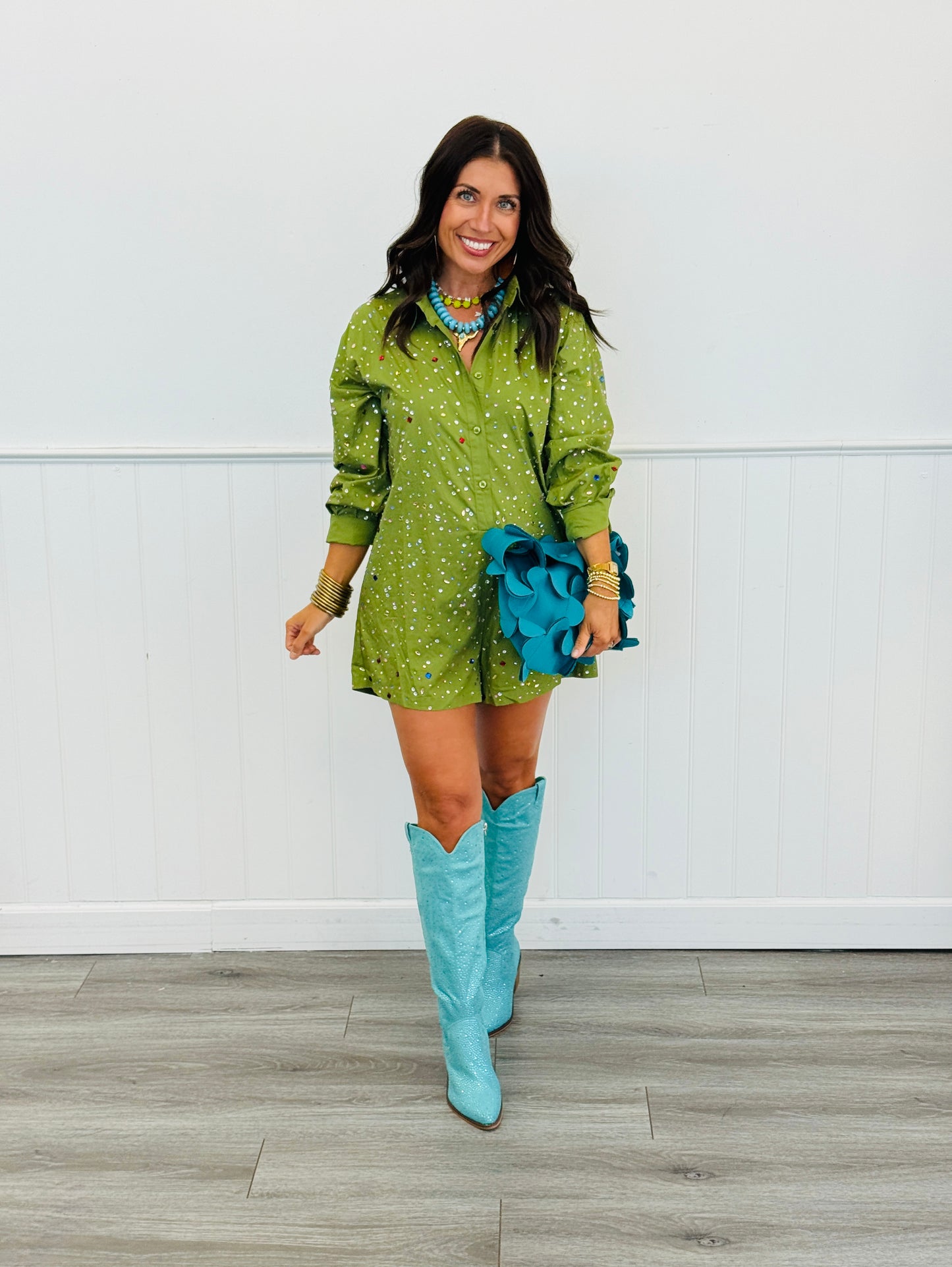 Queen Of Sparkles Olive Multi Rhinestone Button Up Romper (Reg. and Plus)